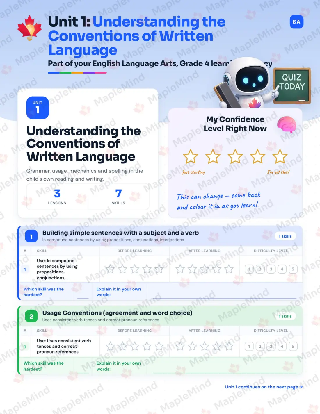 Page 8 of 60 from the English Language Arts, Grade 4 Quebec Course Companion — skills tracker with before and after self-assessment