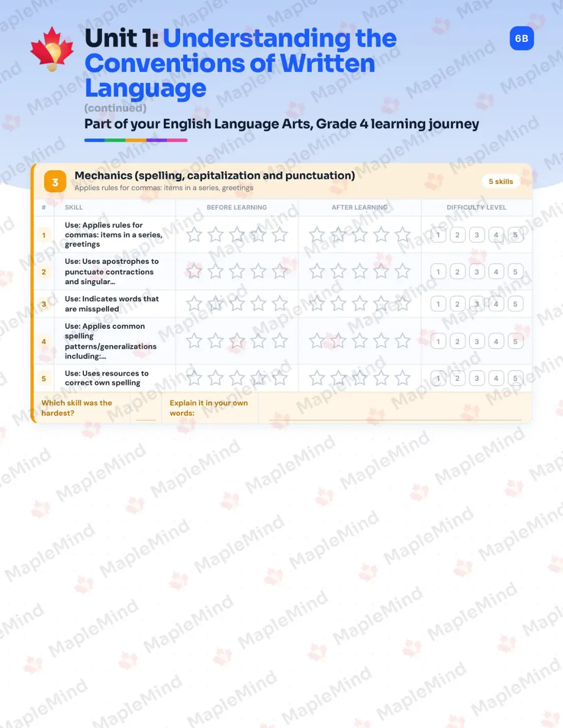 Page 9 of 60 from the English Language Arts, Grade 4 Quebec Course Companion — skills tracker with before and after self-assessment