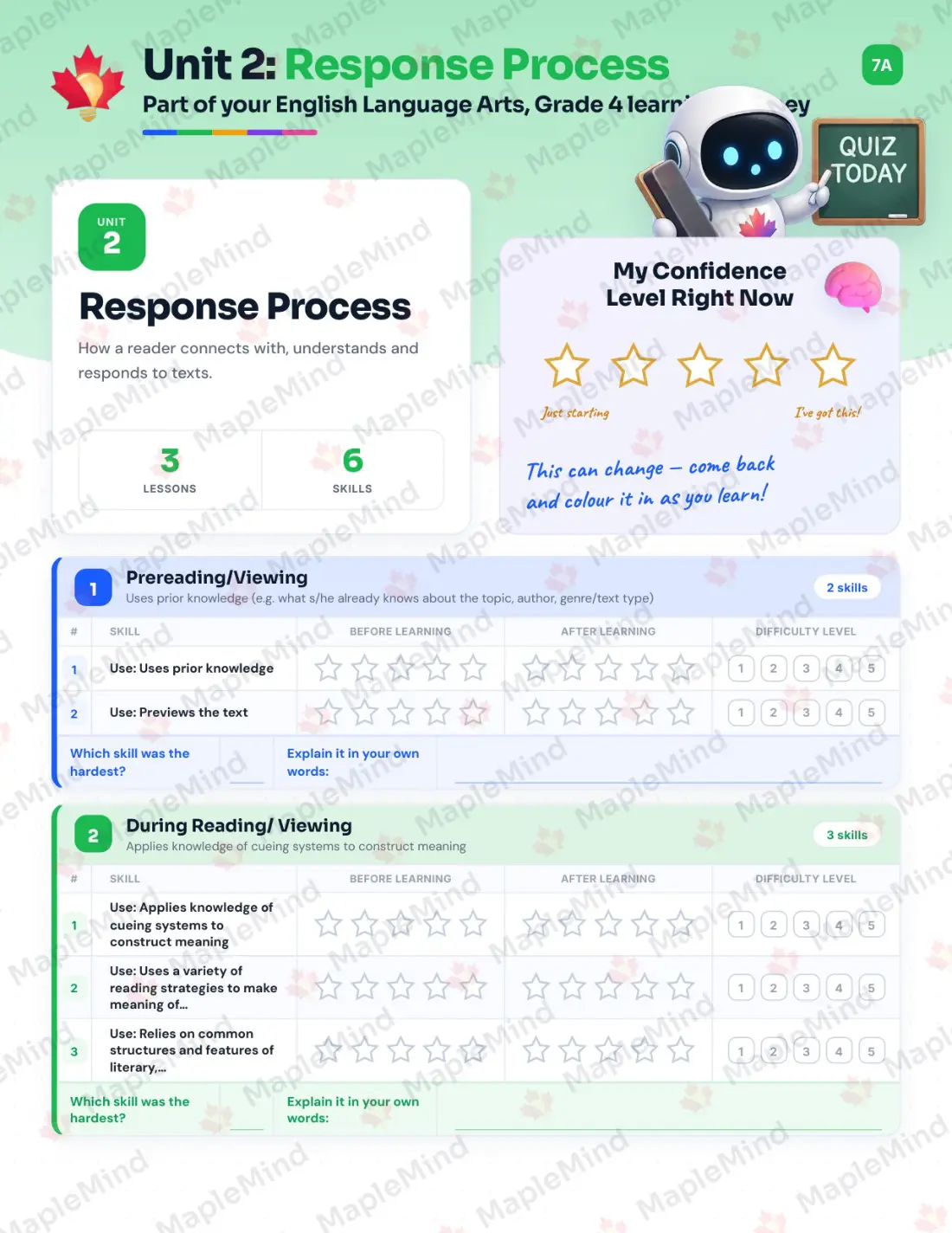 Page 12 of 60 from the English Language Arts, Grade 4 Quebec Course Companion — skills tracker with before and after self-assessment