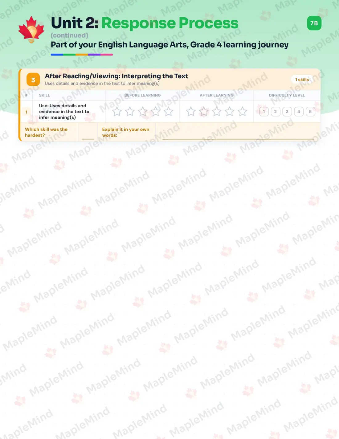 Page 13 of 60 from the English Language Arts, Grade 4 Quebec Course Companion — skills tracker with before and after self-assessment