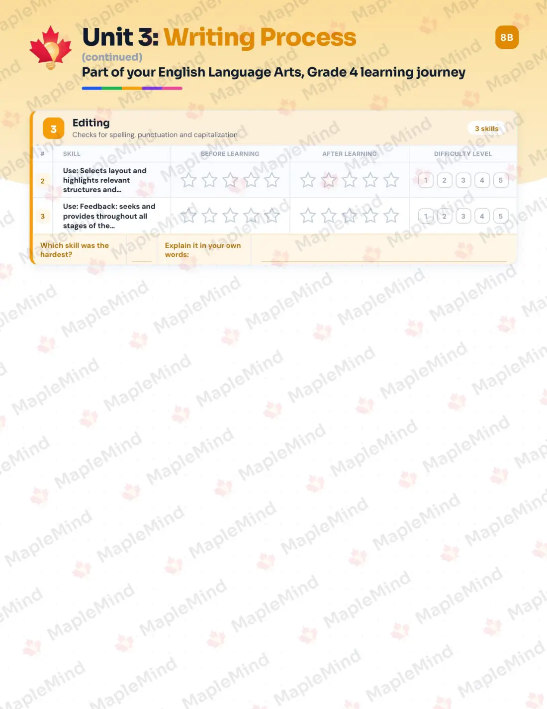 Page 17 of 60 from the English Language Arts, Grade 4 Quebec Course Companion — skills tracker with before and after self-assessment