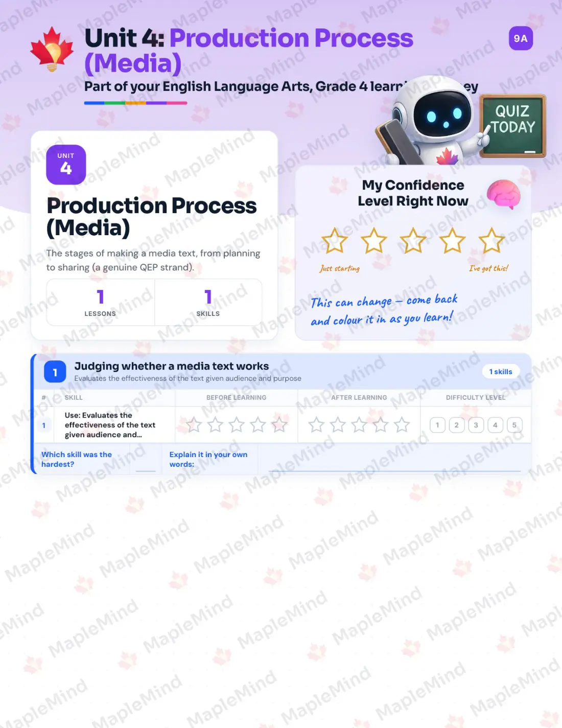 Page 20 of 60 from the English Language Arts, Grade 4 Quebec Course Companion — skills tracker with before and after self-assessment