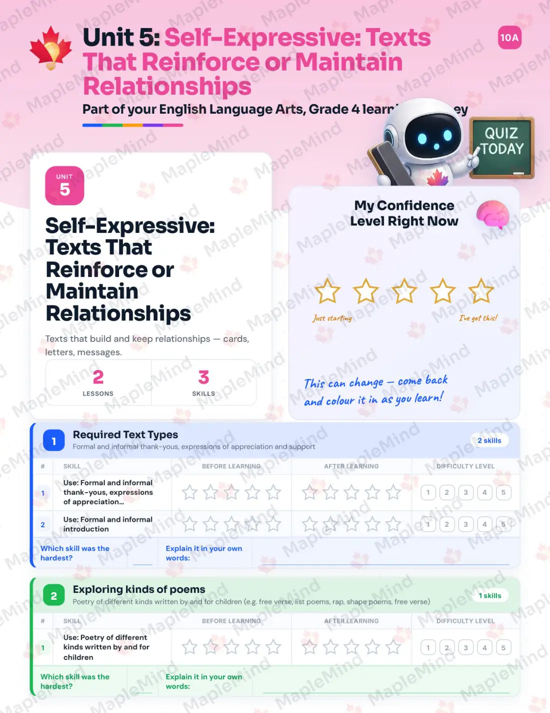 Page 23 of 60 from the English Language Arts, Grade 4 Quebec Course Companion — skills tracker with before and after self-assessment