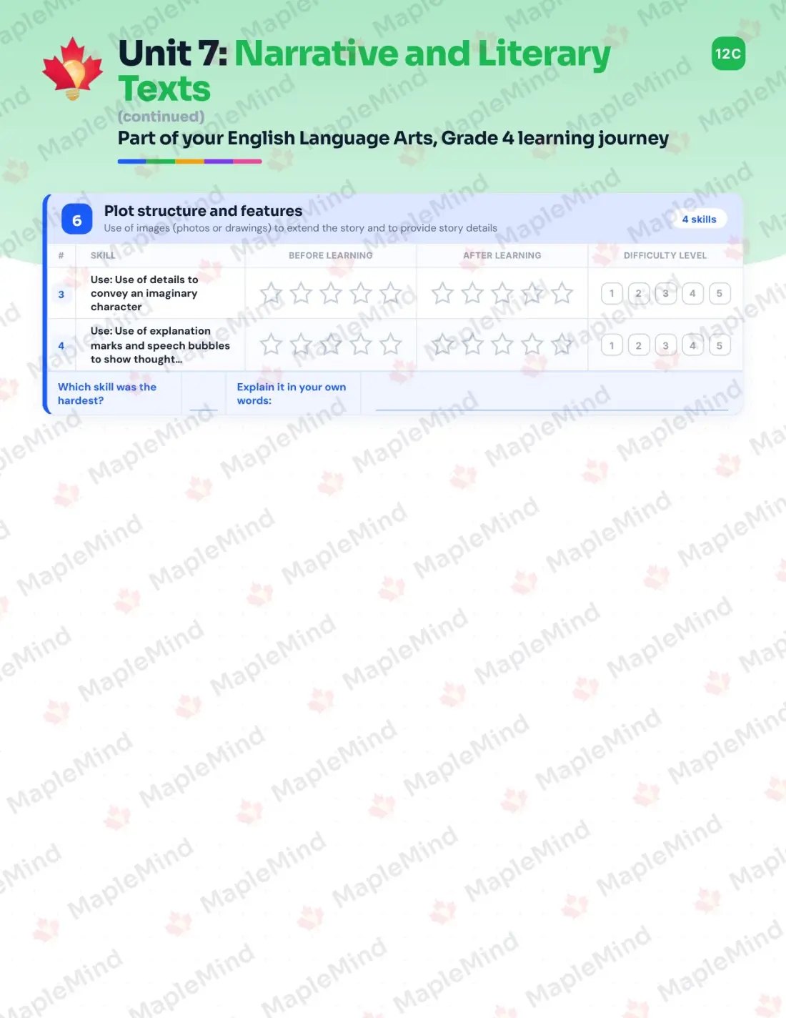 Page 31 of 60 from the English Language Arts, Grade 4 Quebec Course Companion — skills tracker with before and after self-assessment