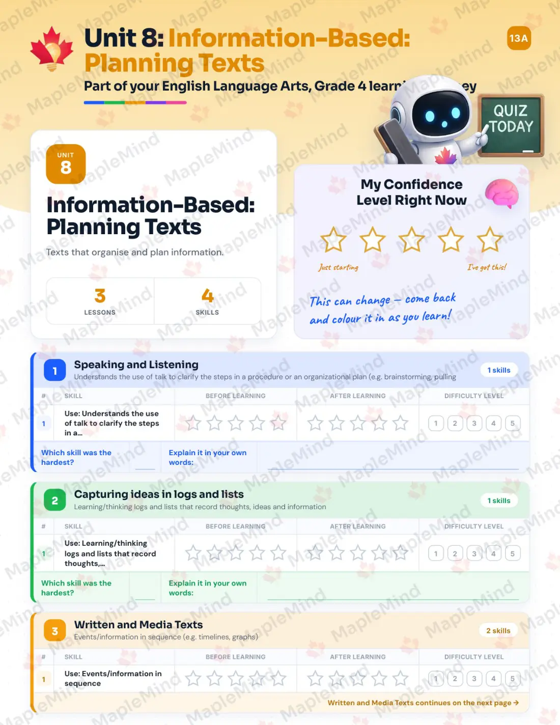 Page 34 of 60 from the English Language Arts, Grade 4 Quebec Course Companion — skills tracker with before and after self-assessment