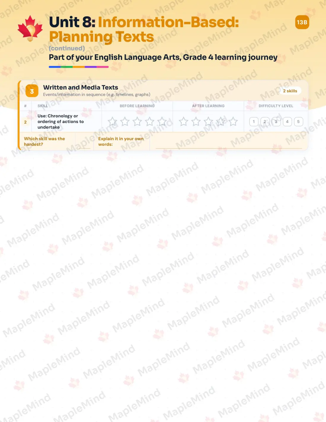 Page 35 of 60 from the English Language Arts, Grade 4 Quebec Course Companion — skills tracker with before and after self-assessment