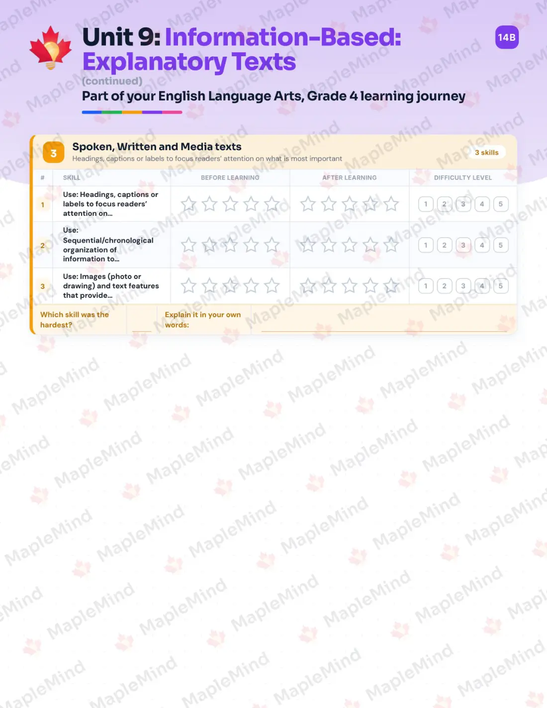 Page 39 of 60 from the English Language Arts, Grade 4 Quebec Course Companion — skills tracker with before and after self-assessment