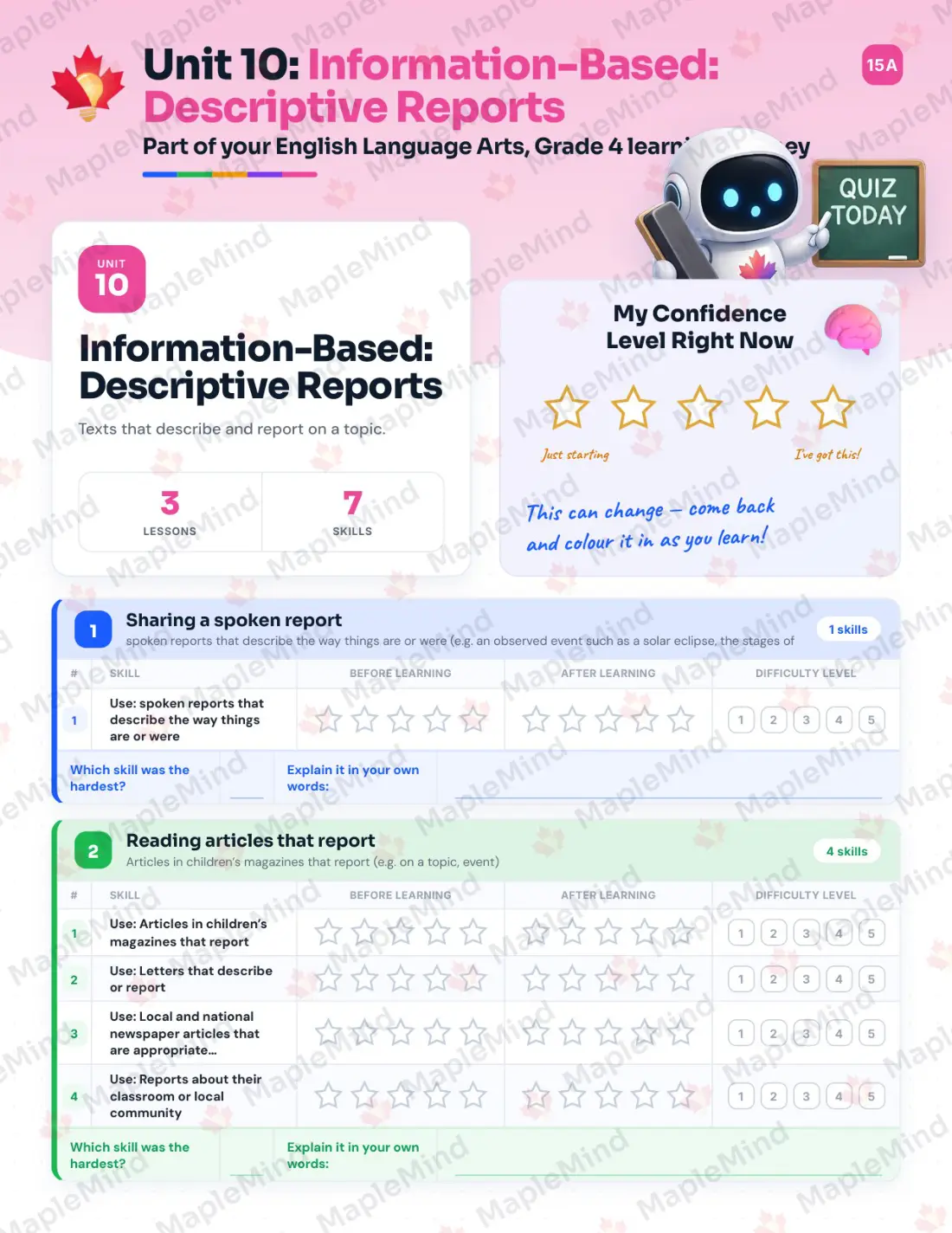 Page 42 of 60 from the English Language Arts, Grade 4 Quebec Course Companion — skills tracker with before and after self-assessment