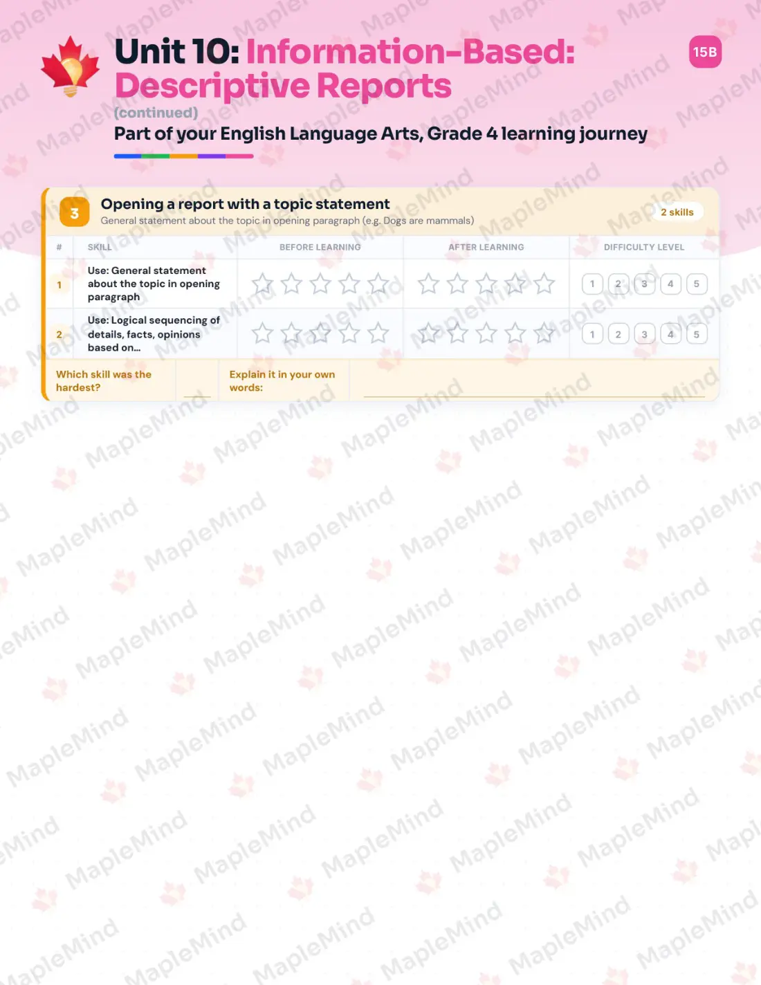 Page 43 of 60 from the English Language Arts, Grade 4 Quebec Course Companion — skills tracker with before and after self-assessment