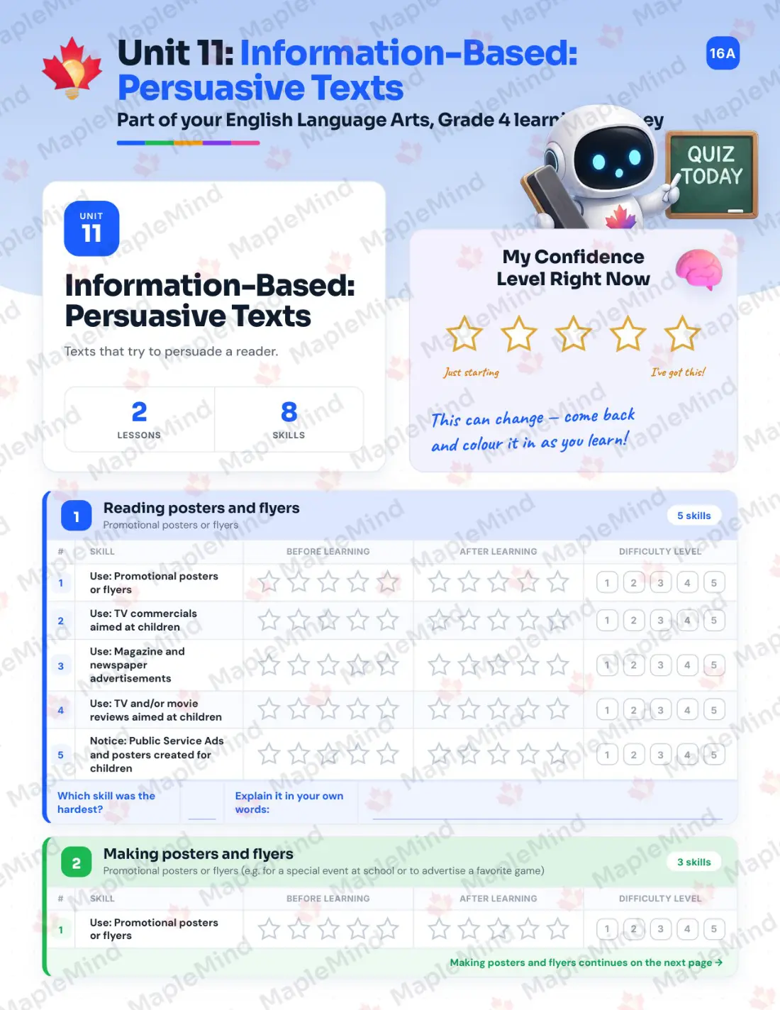 Page 46 of 60 from the English Language Arts, Grade 4 Quebec Course Companion — skills tracker with before and after self-assessment