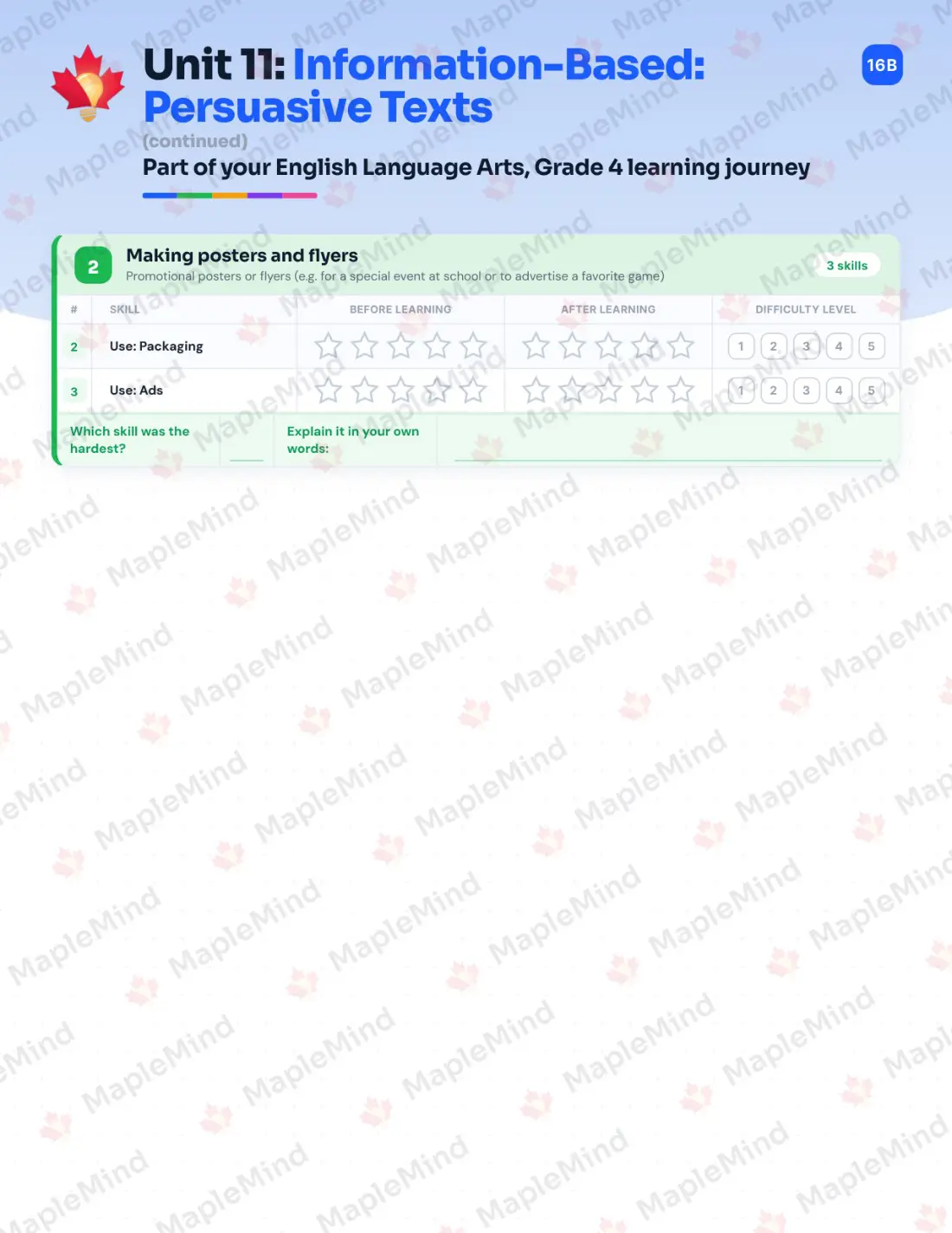 Page 47 of 60 from the English Language Arts, Grade 4 Quebec Course Companion — skills tracker with before and after self-assessment