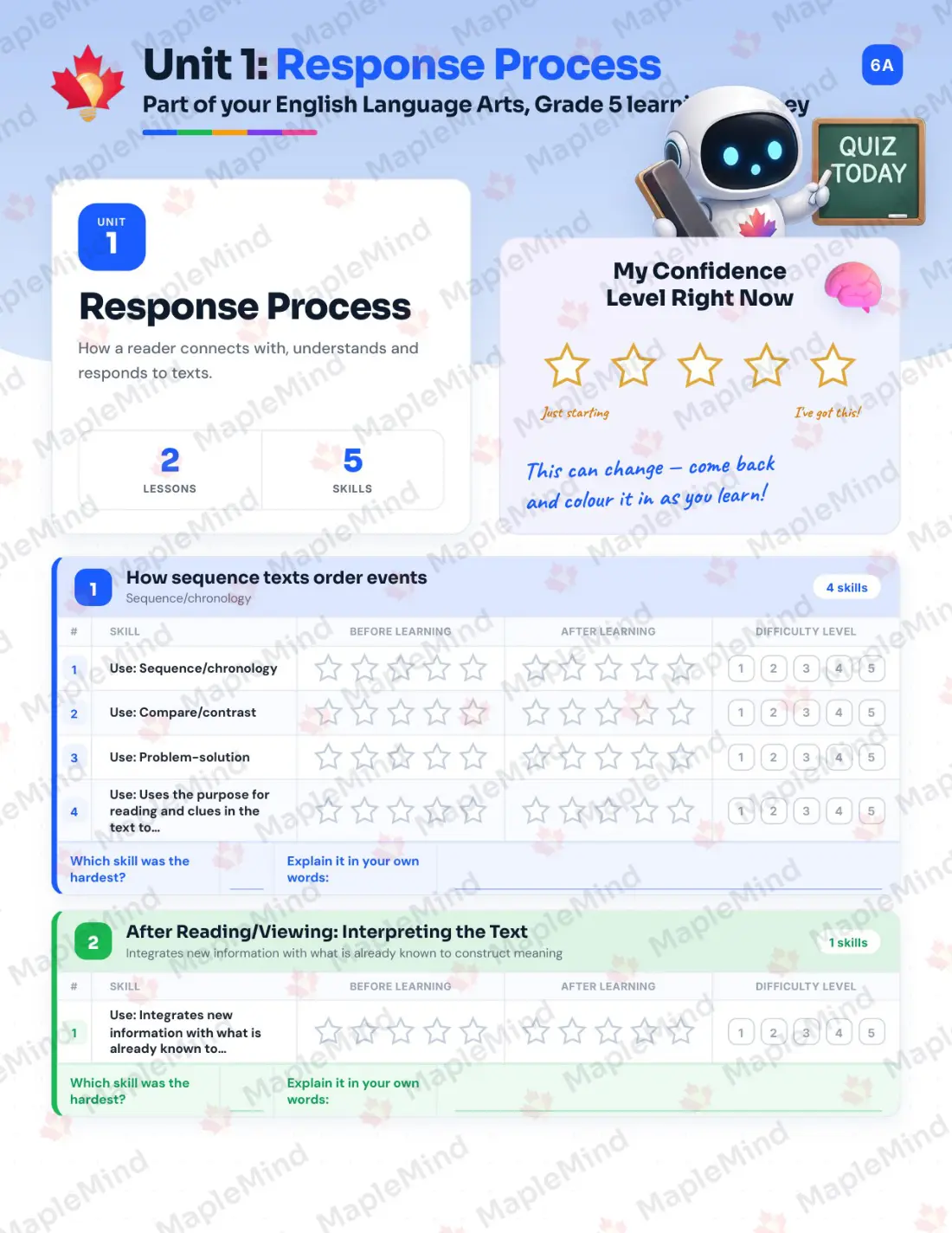 Page 7 of 41 from the English Language Arts, Grade 5 Quebec Course Companion — skills tracker with before and after self-assessment