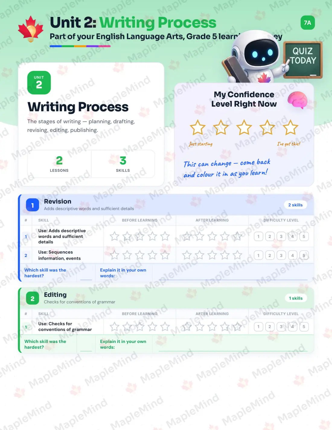 Page 10 of 41 from the English Language Arts, Grade 5 Quebec Course Companion — skills tracker with before and after self-assessment