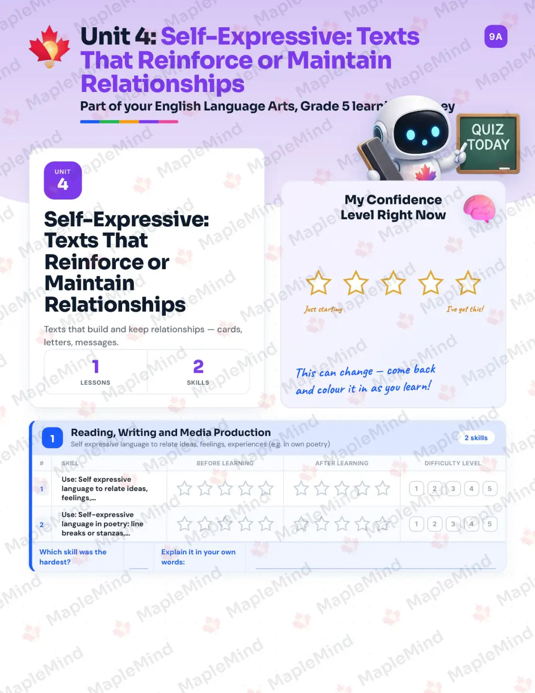 Page 16 of 41 from the English Language Arts, Grade 5 Quebec Course Companion — skills tracker with before and after self-assessment