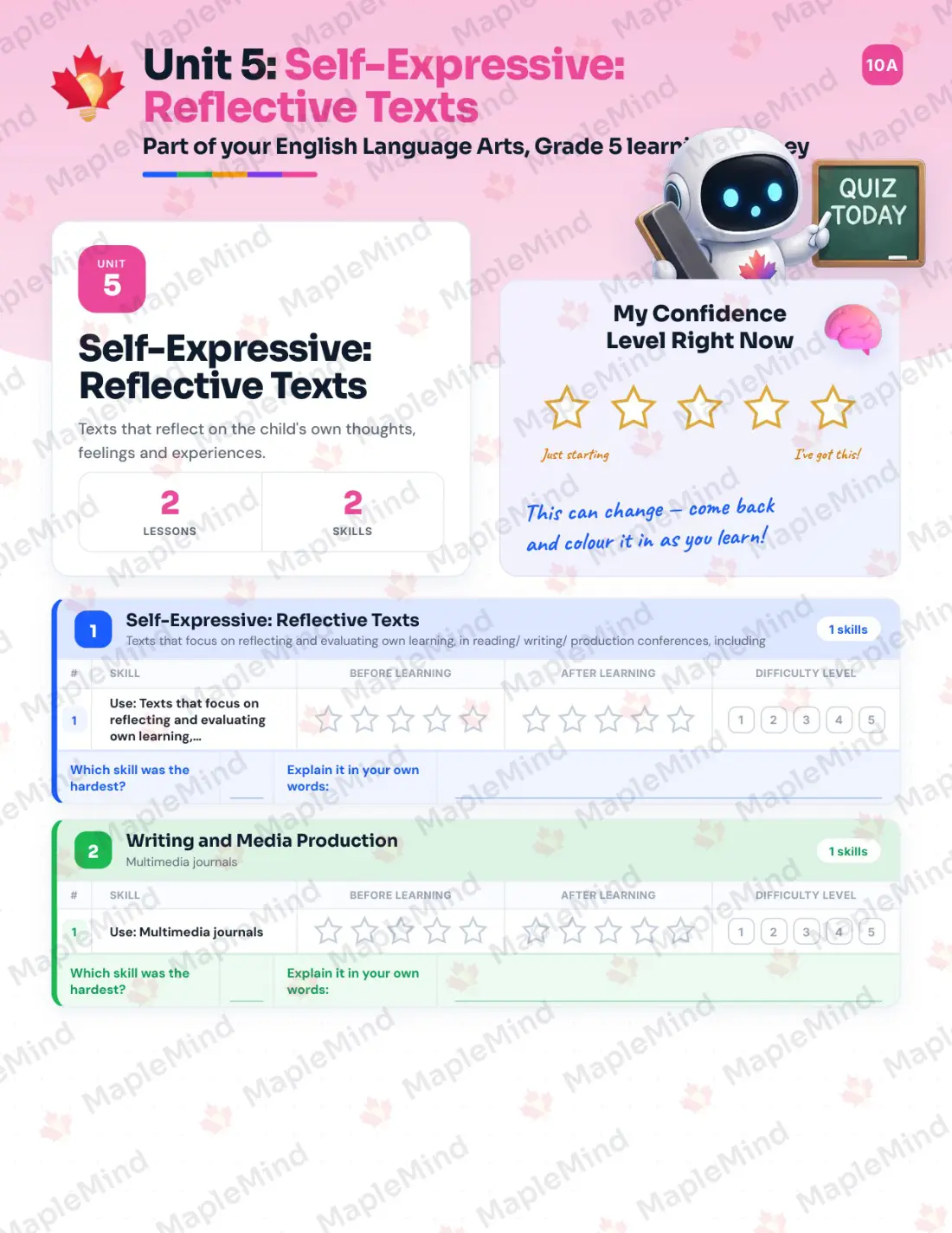 Page 19 of 41 from the English Language Arts, Grade 5 Quebec Course Companion — skills tracker with before and after self-assessment