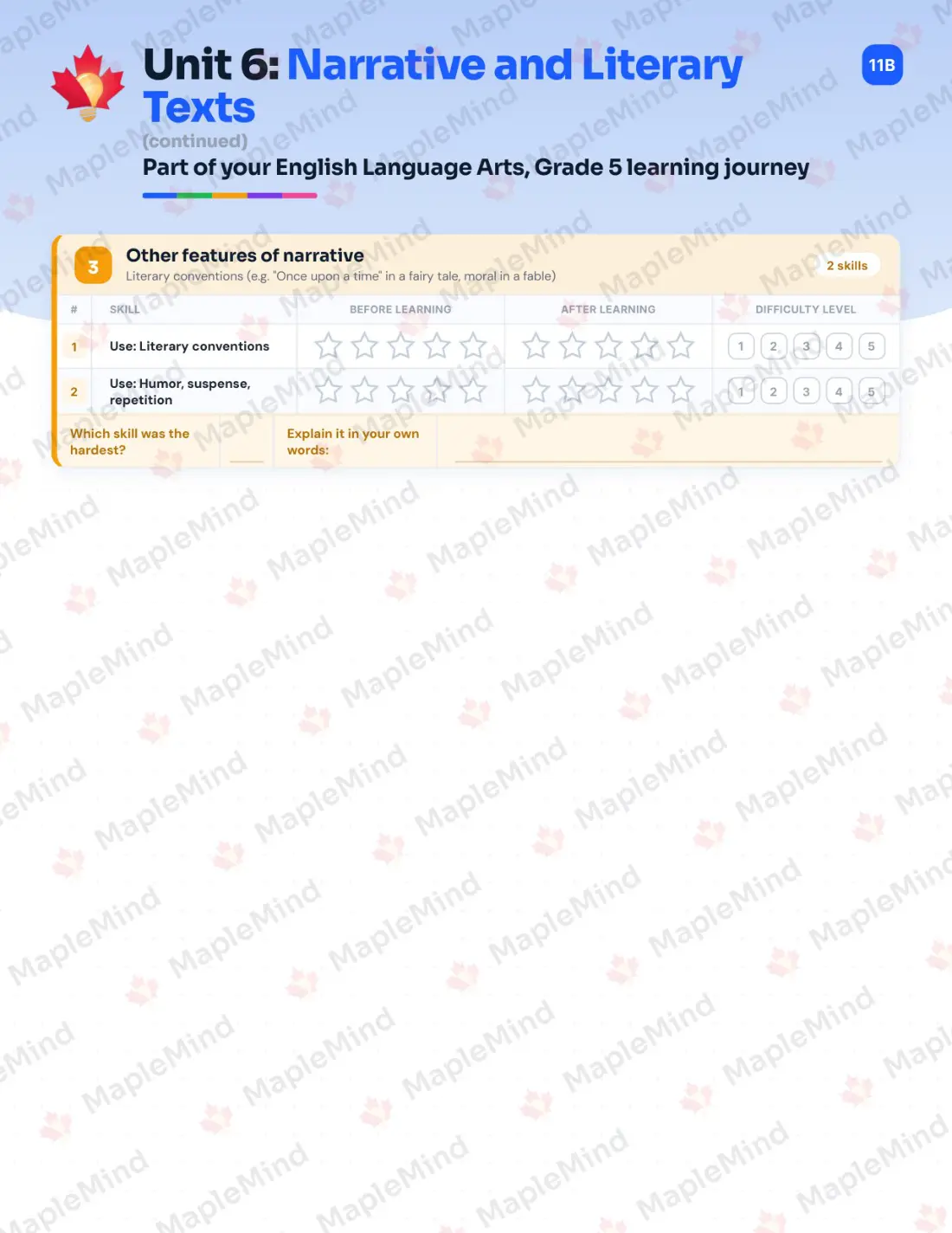 Page 23 of 41 from the English Language Arts, Grade 5 Quebec Course Companion — skills tracker with before and after self-assessment