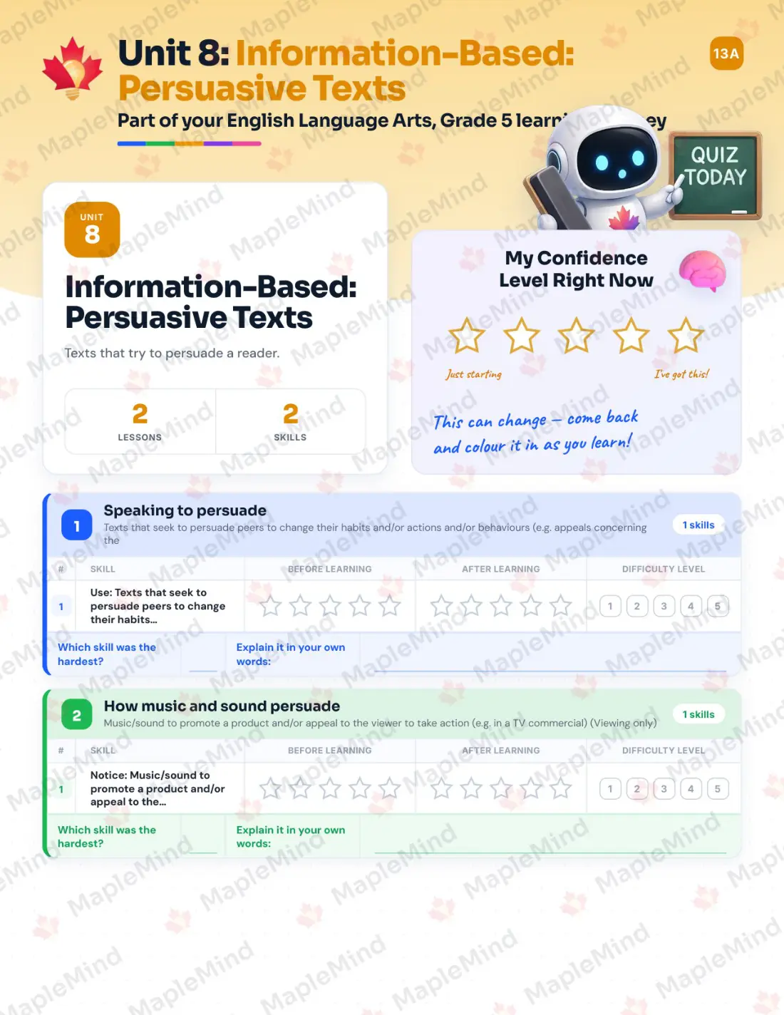 Page 29 of 41 from the English Language Arts, Grade 5 Quebec Course Companion — skills tracker with before and after self-assessment