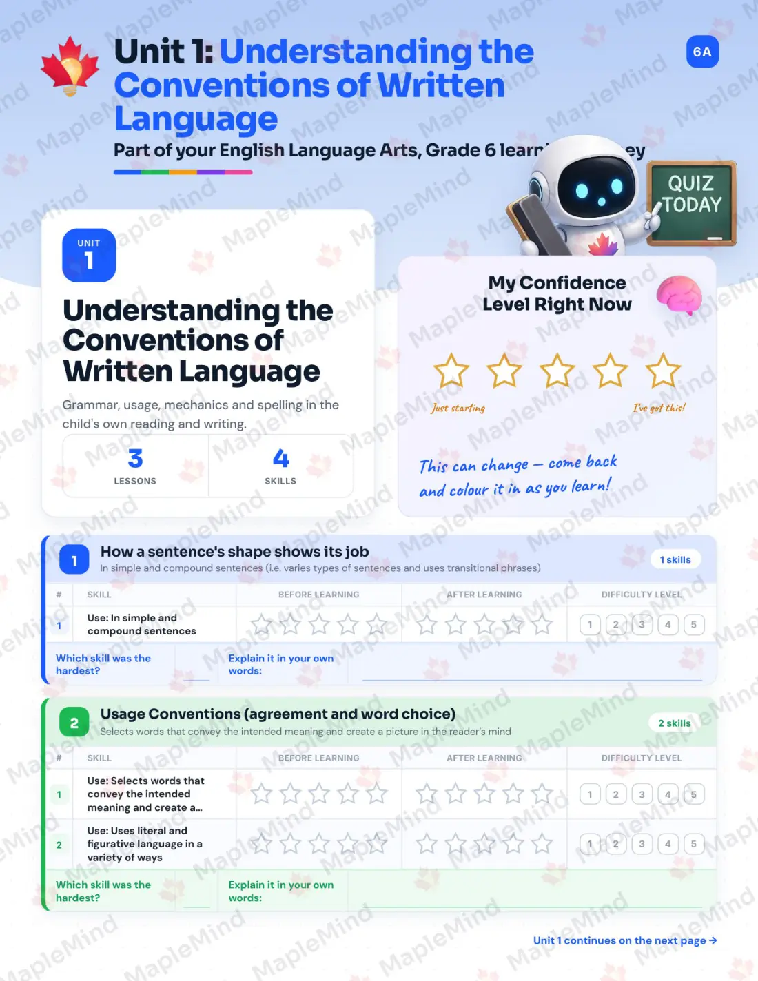 Page 8 of 59 from the English Language Arts, Grade 6 Quebec Course Companion — skills tracker with before and after self-assessment