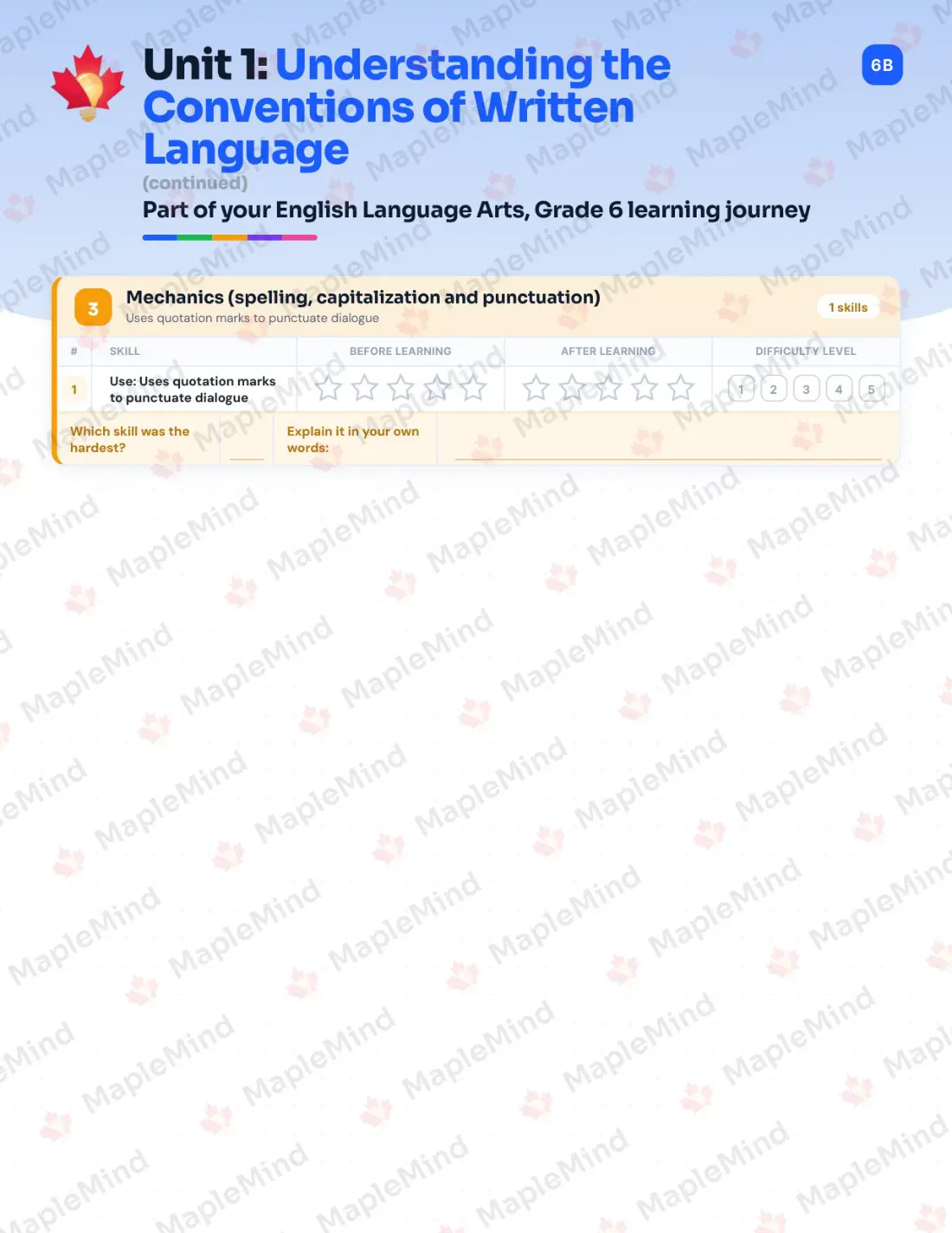 Page 9 of 59 from the English Language Arts, Grade 6 Quebec Course Companion — skills tracker with before and after self-assessment
