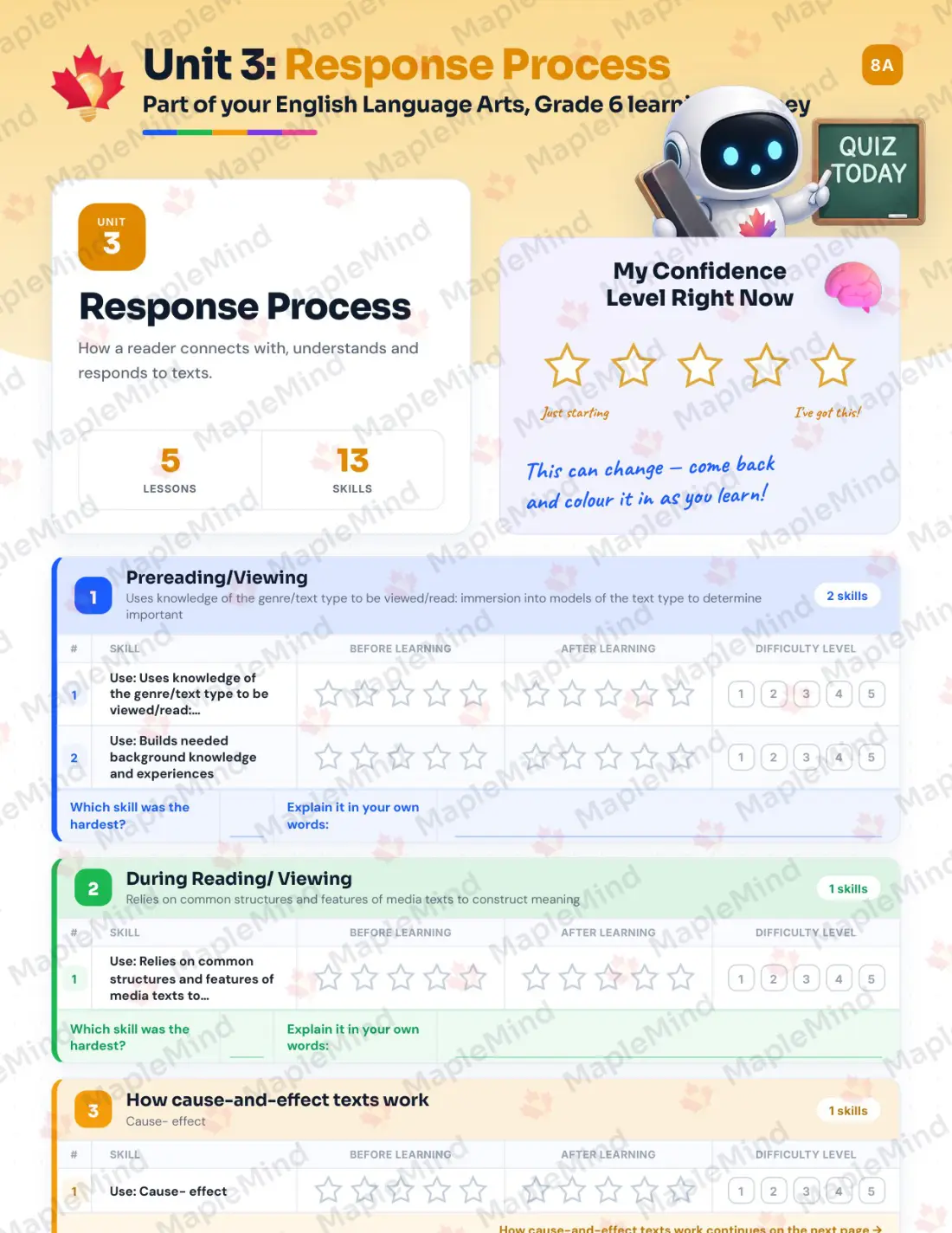 Page 15 of 59 from the English Language Arts, Grade 6 Quebec Course Companion — skills tracker with before and after self-assessment
