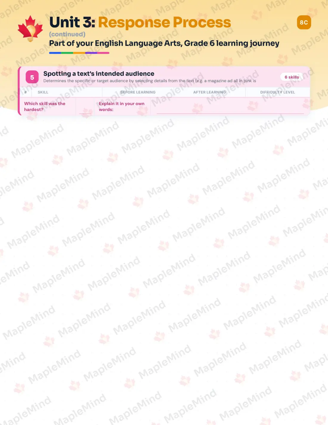 Page 17 of 59 from the English Language Arts, Grade 6 Quebec Course Companion — skills tracker with before and after self-assessment