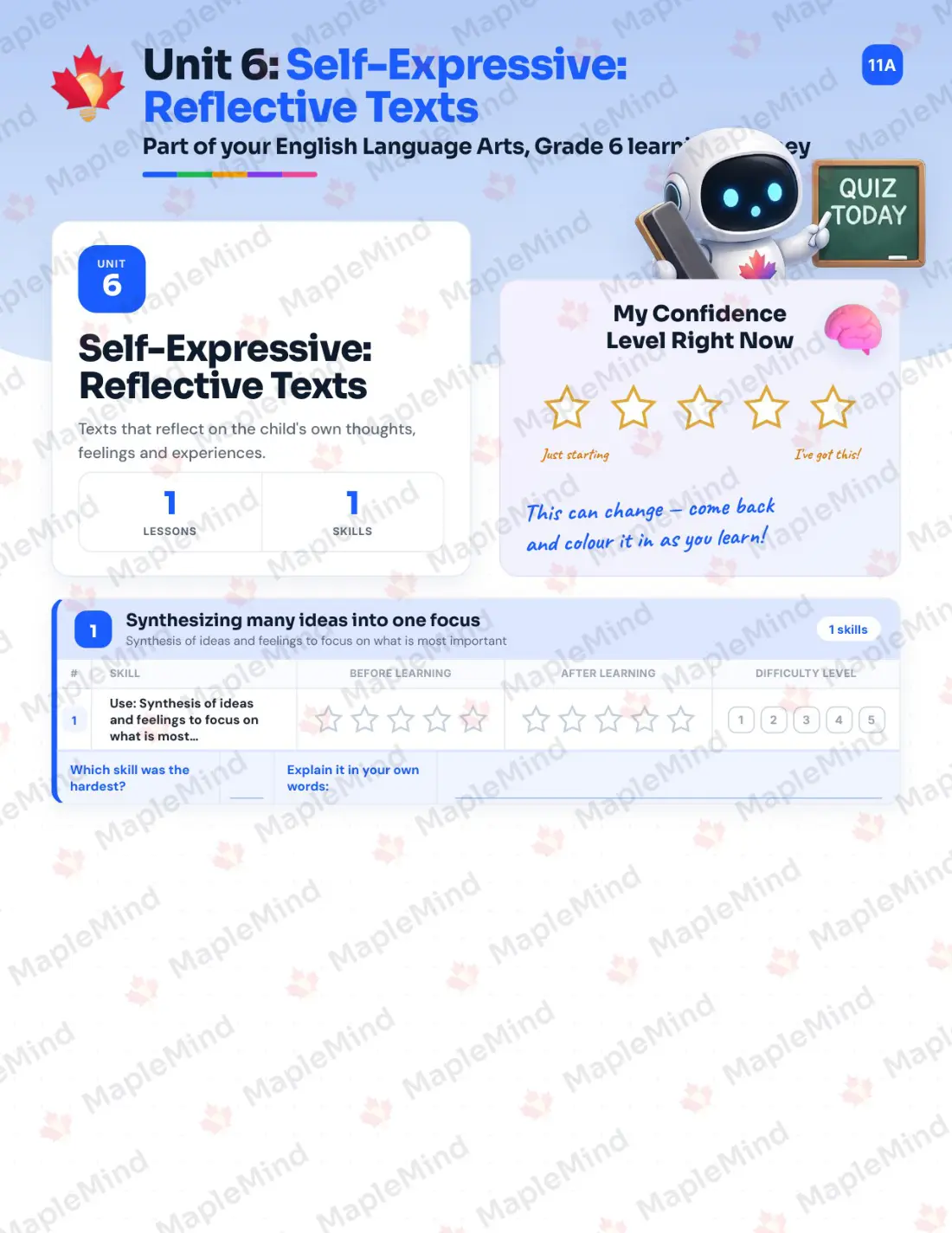 Page 27 of 59 from the English Language Arts, Grade 6 Quebec Course Companion — skills tracker with before and after self-assessment