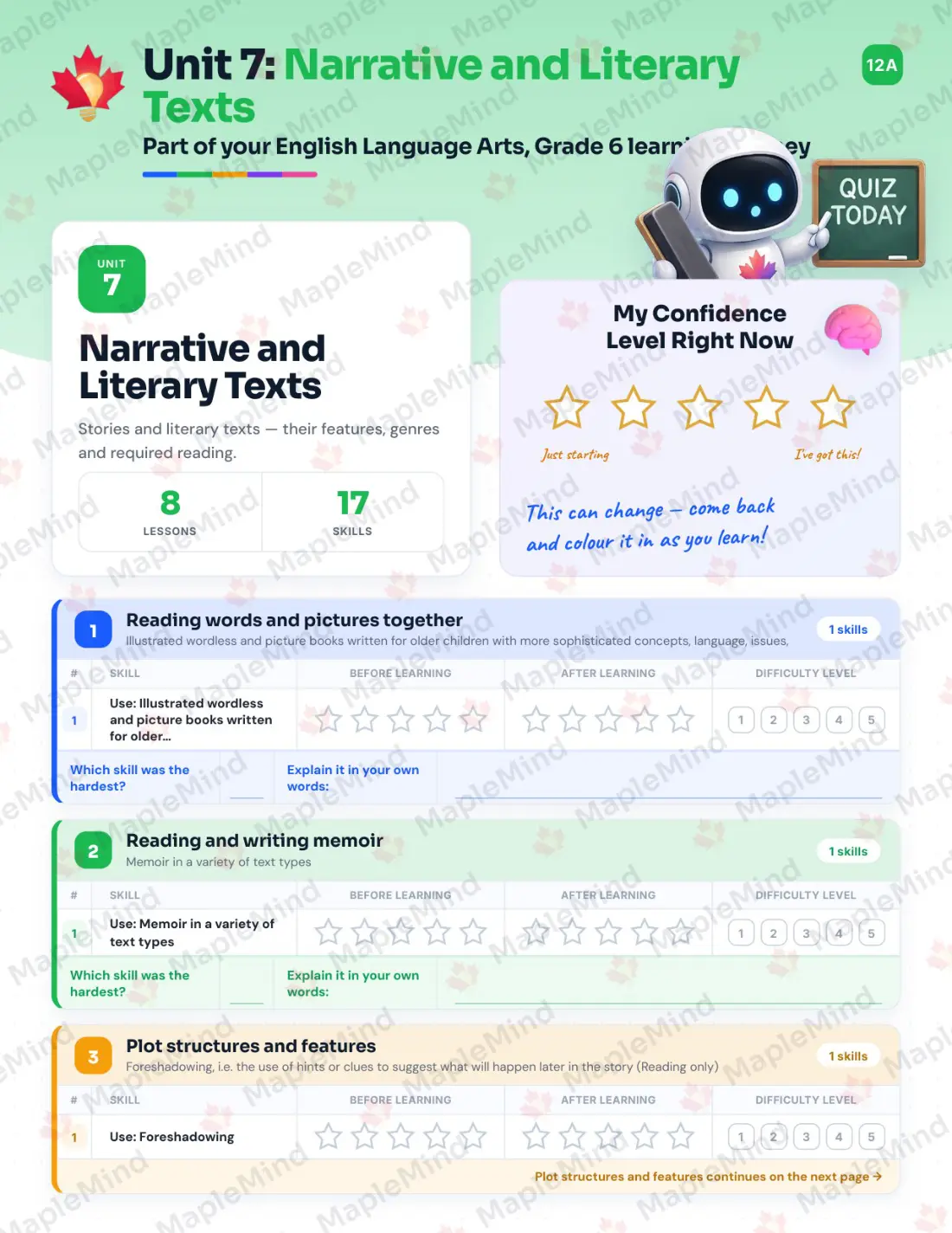 Page 30 of 59 from the English Language Arts, Grade 6 Quebec Course Companion — skills tracker with before and after self-assessment