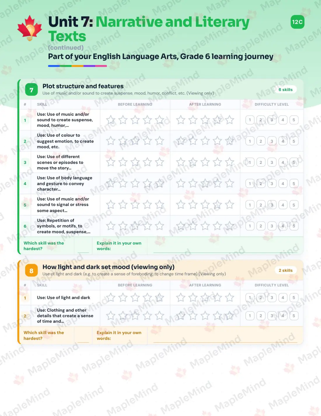 Page 32 of 59 from the English Language Arts, Grade 6 Quebec Course Companion — skills tracker with before and after self-assessment