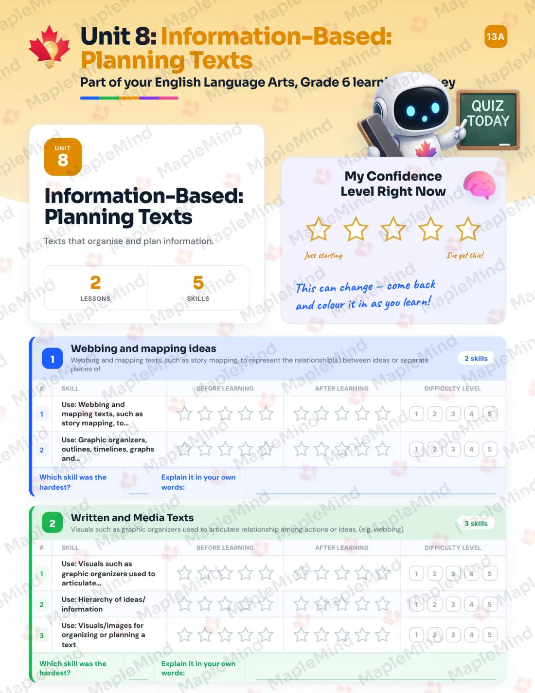 Page 35 of 59 from the English Language Arts, Grade 6 Quebec Course Companion — skills tracker with before and after self-assessment