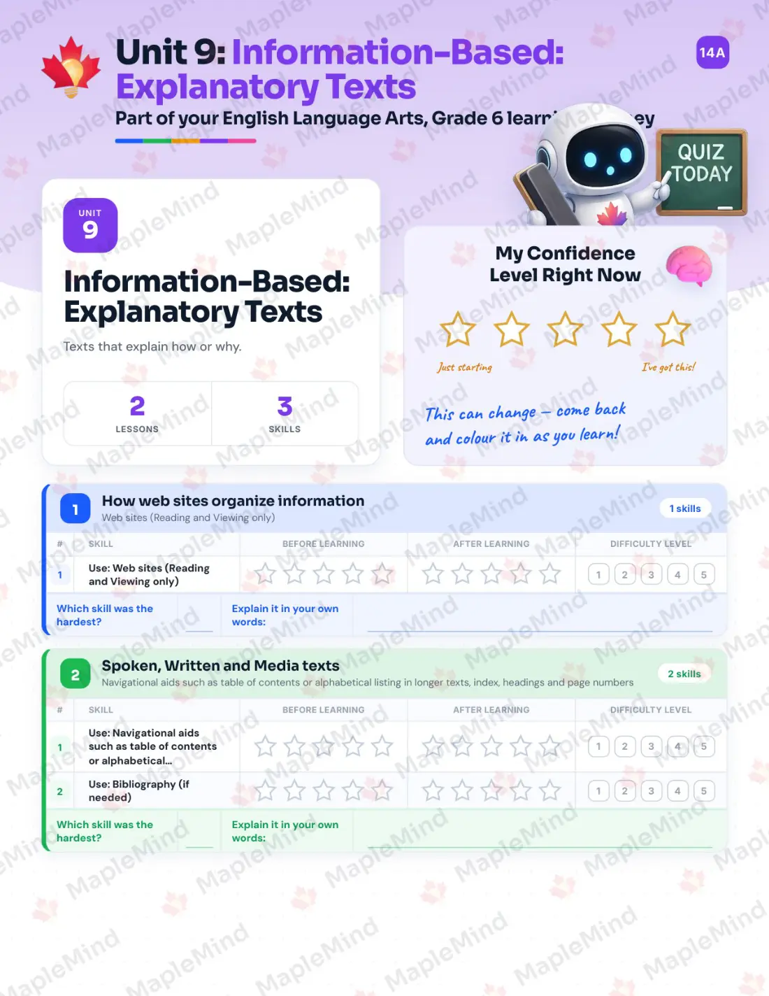 Page 38 of 59 from the English Language Arts, Grade 6 Quebec Course Companion — skills tracker with before and after self-assessment