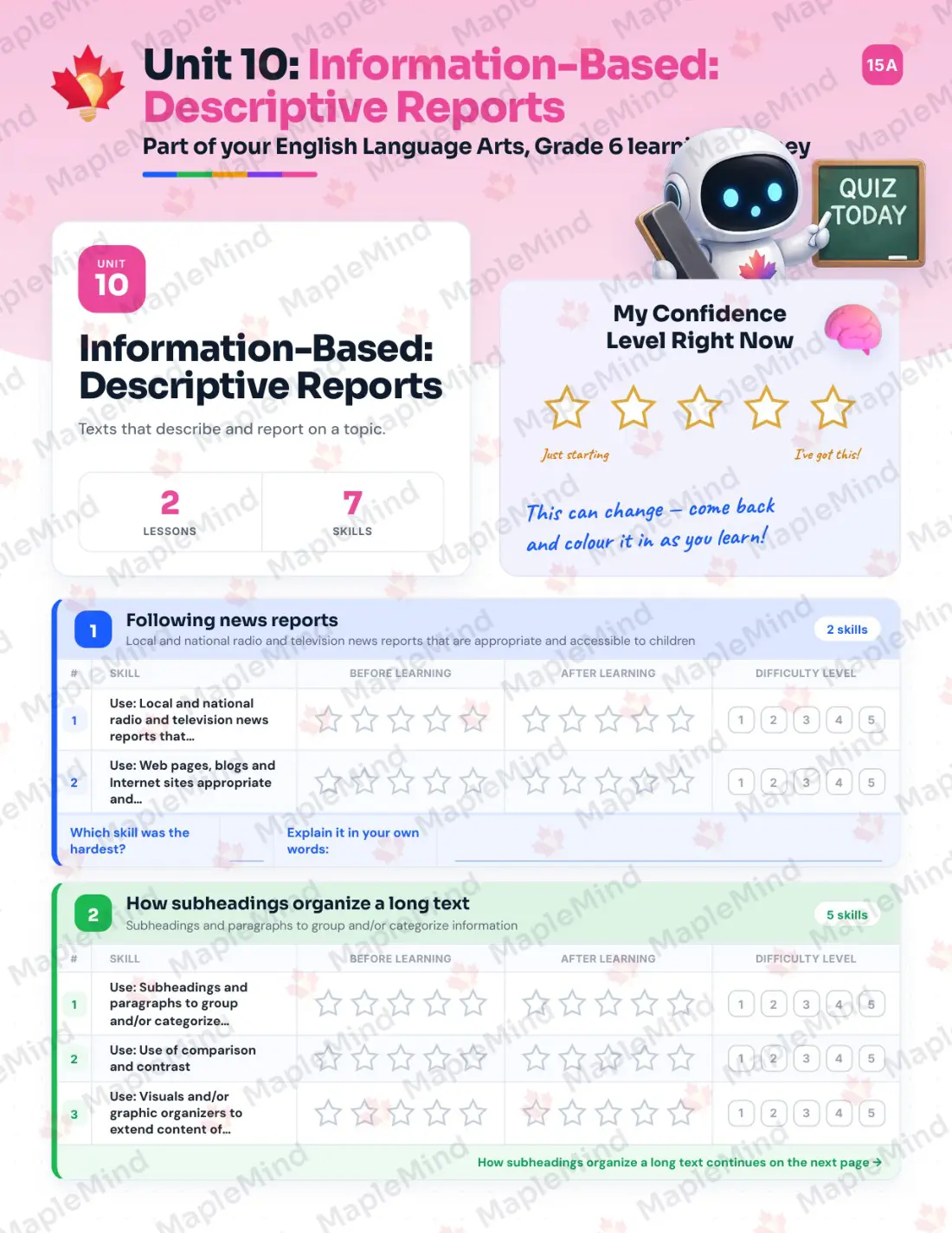 Page 41 of 59 from the English Language Arts, Grade 6 Quebec Course Companion — skills tracker with before and after self-assessment