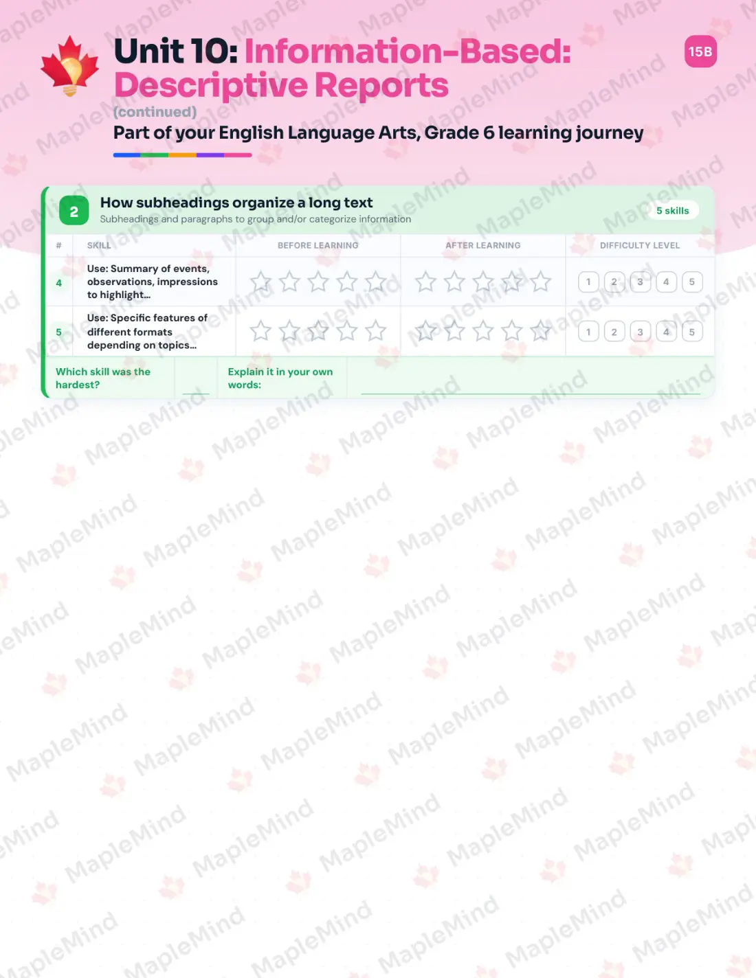 Page 42 of 59 from the English Language Arts, Grade 6 Quebec Course Companion — skills tracker with before and after self-assessment