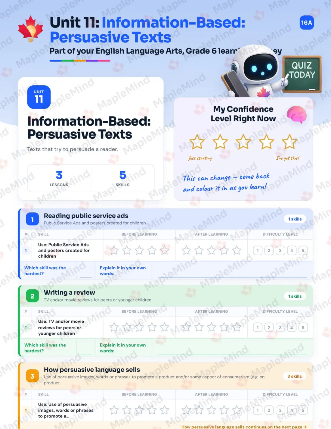 Page 45 of 59 from the English Language Arts, Grade 6 Quebec Course Companion — skills tracker with before and after self-assessment