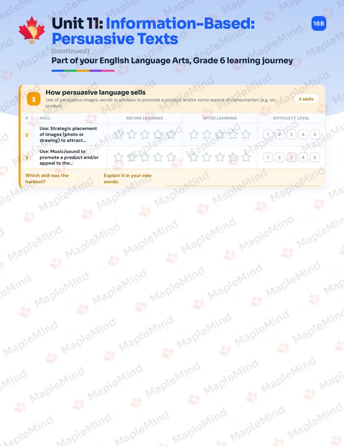 Page 46 of 59 from the English Language Arts, Grade 6 Quebec Course Companion — skills tracker with before and after self-assessment