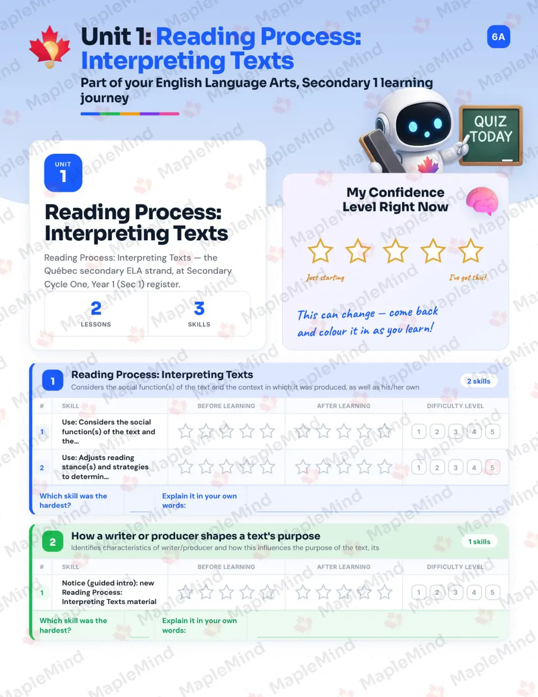 Page 7 of 51 from the English Language Arts, Secondary 1 Quebec Course Companion — skills tracker with before and after self-assessment