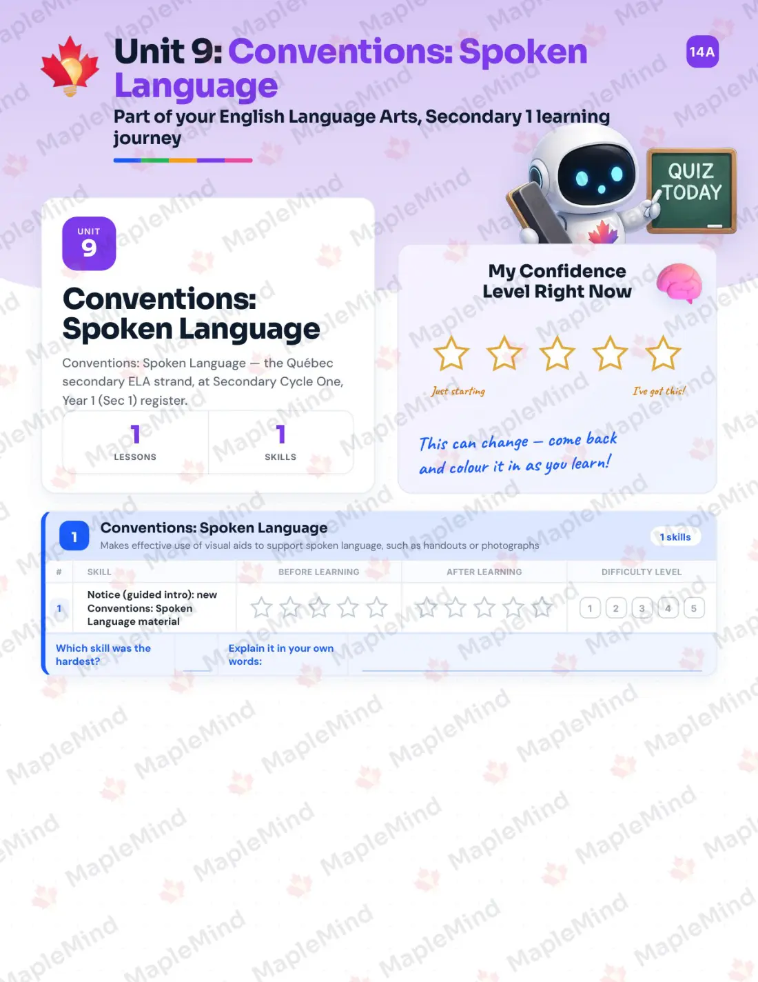 Page 32 of 51 from the English Language Arts, Secondary 1 Quebec Course Companion — skills tracker with before and after self-assessment
