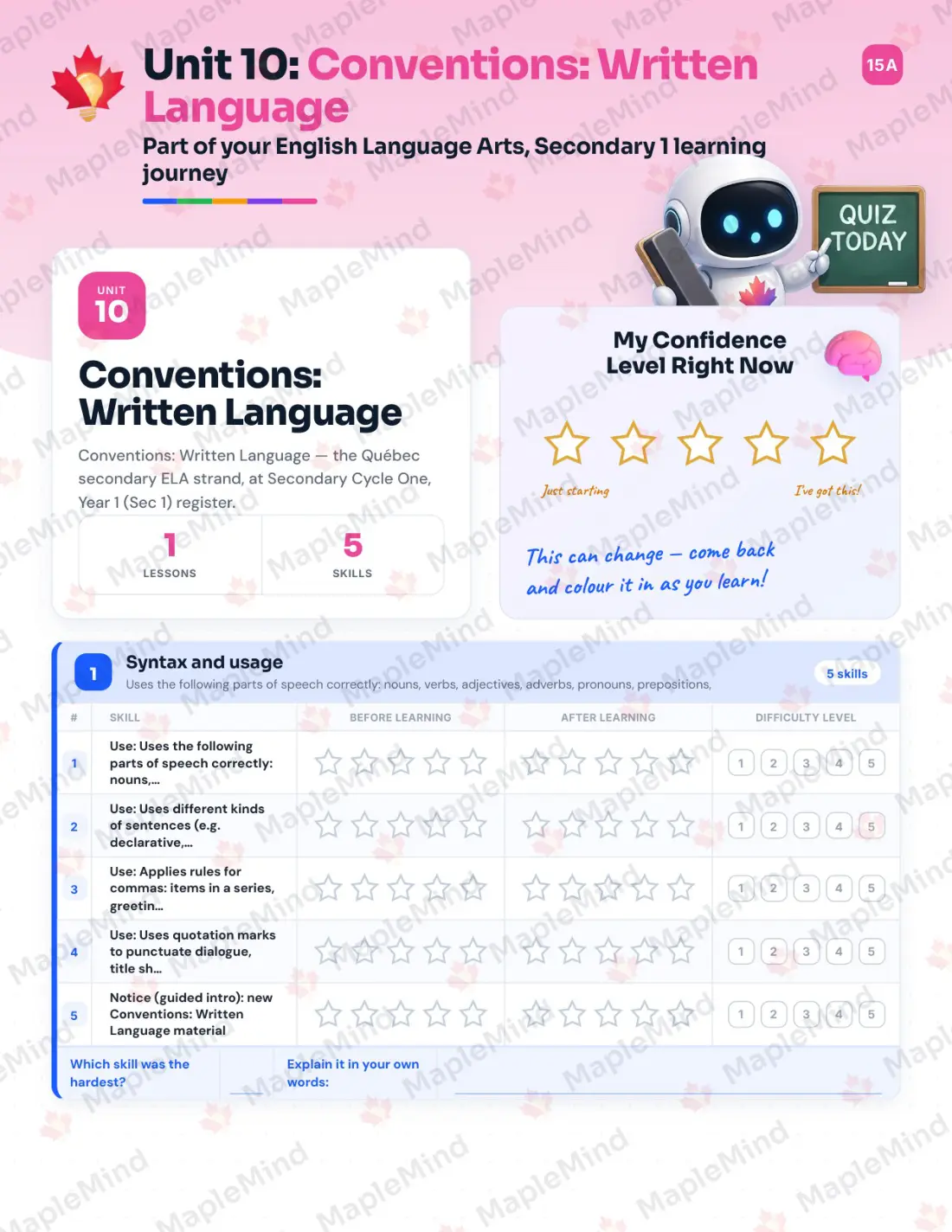 Page 35 of 51 from the English Language Arts, Secondary 1 Quebec Course Companion — skills tracker with before and after self-assessment