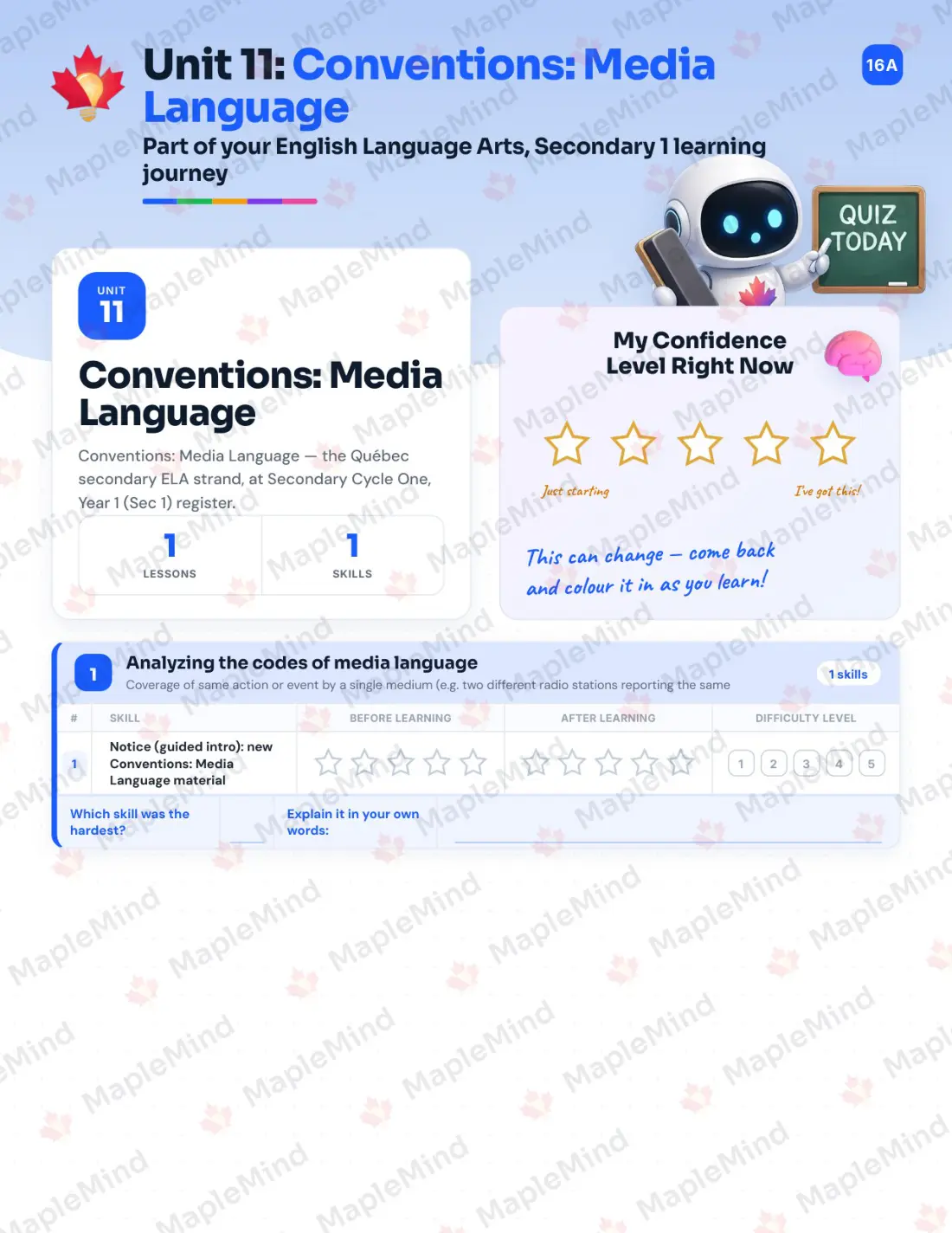 Page 38 of 51 from the English Language Arts, Secondary 1 Quebec Course Companion — skills tracker with before and after self-assessment