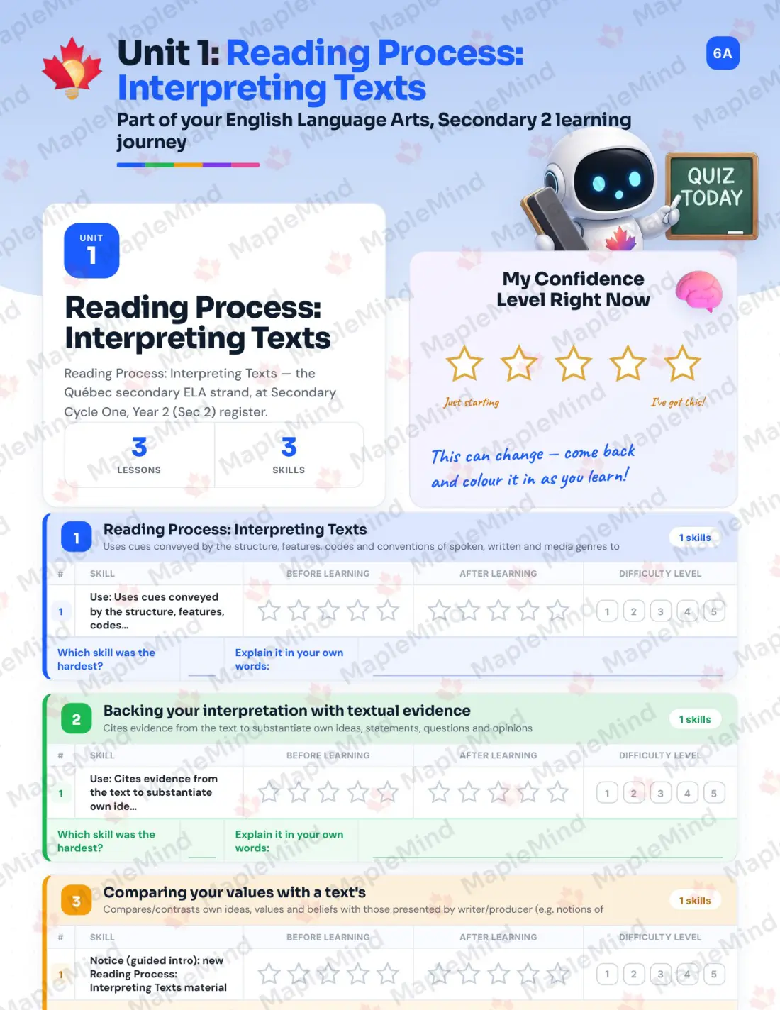 Page 8 of 59 from the English Language Arts, Secondary 2 Quebec Course Companion — skills tracker with before and after self-assessment
