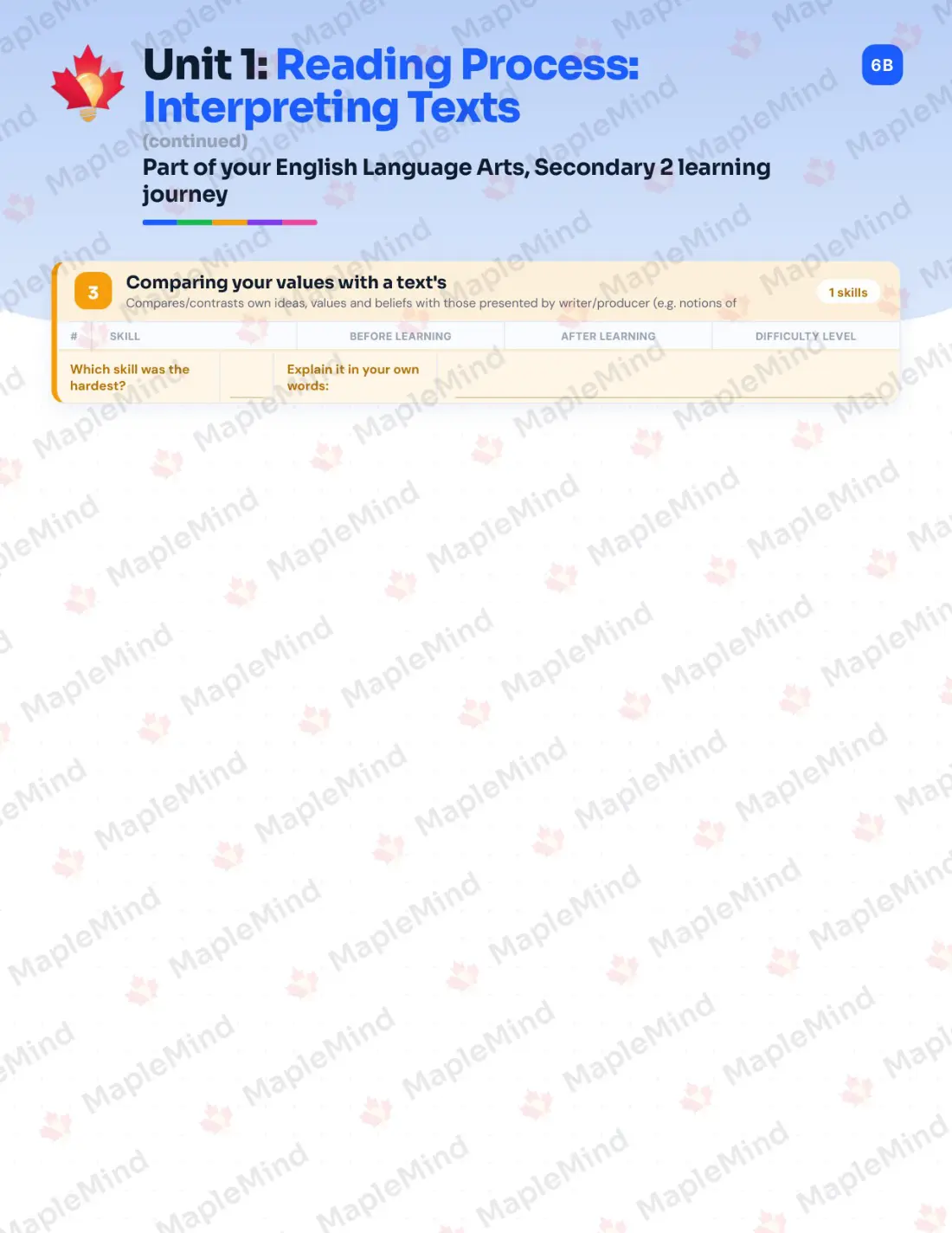 Page 9 of 59 from the English Language Arts, Secondary 2 Quebec Course Companion — skills tracker with before and after self-assessment