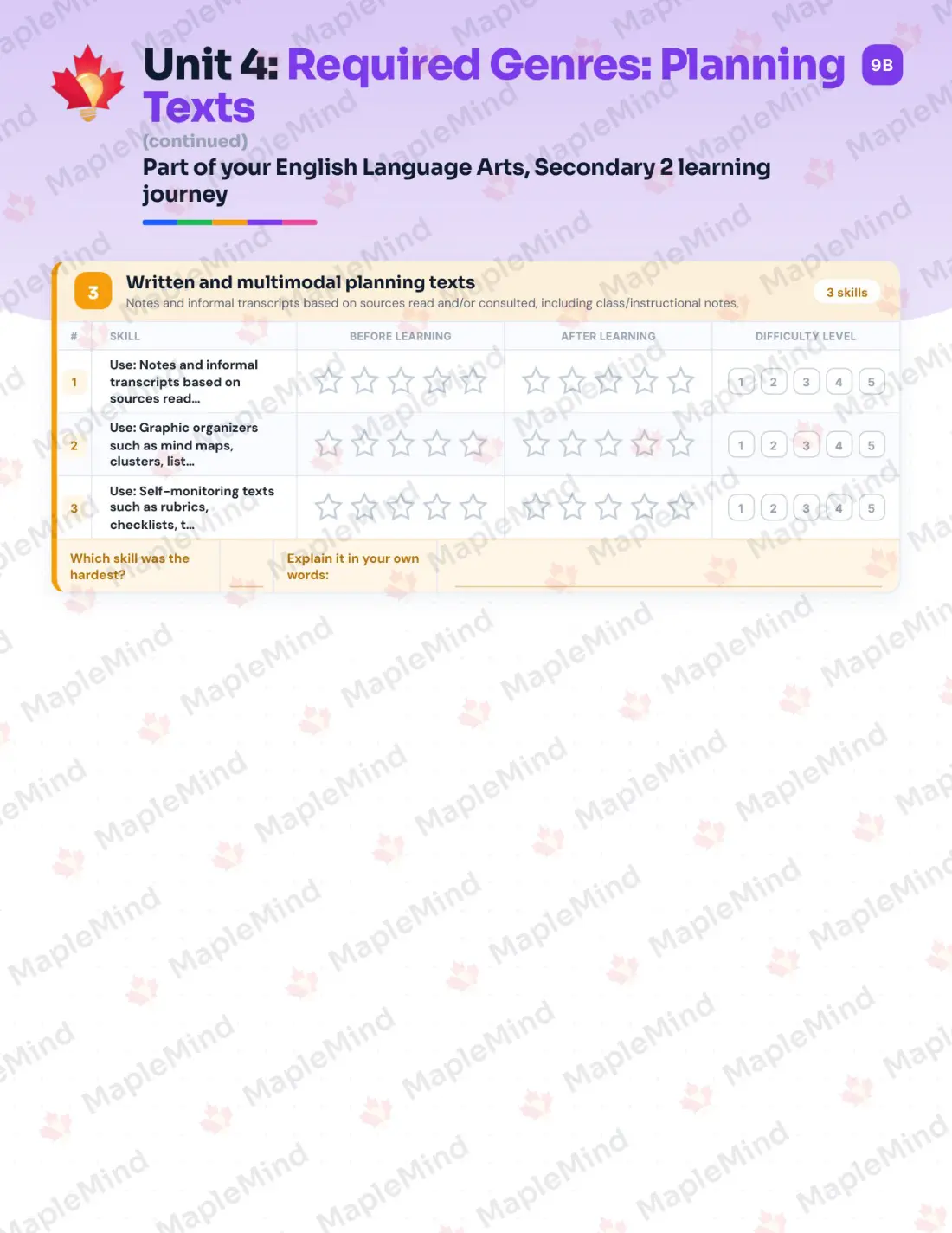 Page 20 of 59 from the English Language Arts, Secondary 2 Quebec Course Companion — skills tracker with before and after self-assessment