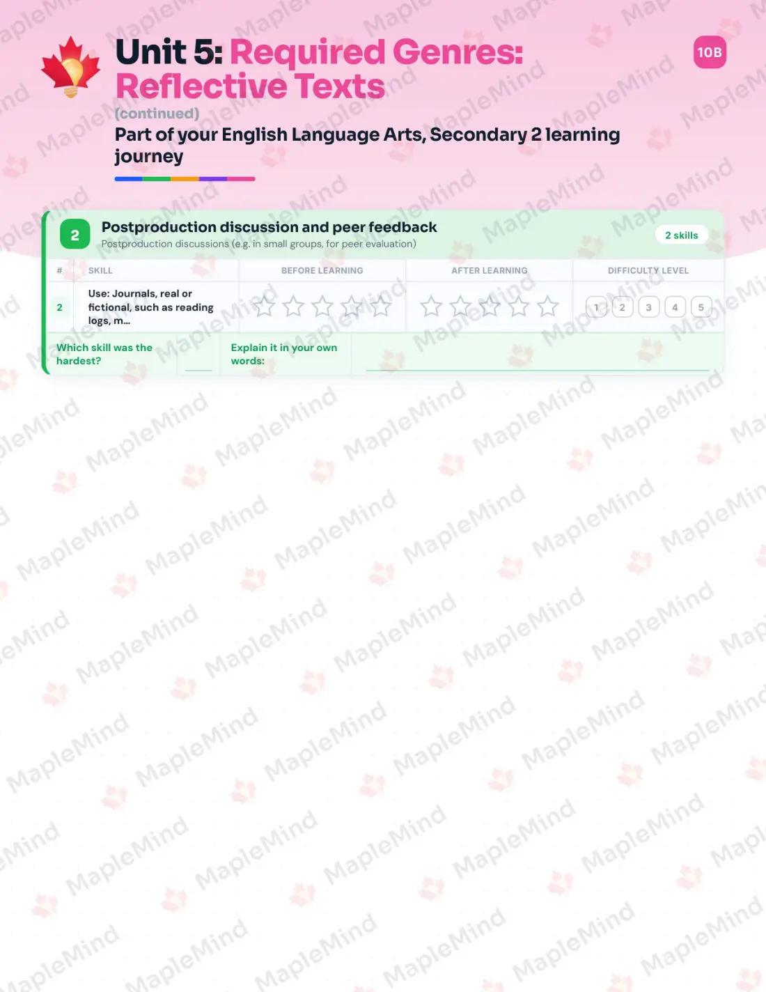Page 24 of 59 from the English Language Arts, Secondary 2 Quebec Course Companion — skills tracker with before and after self-assessment