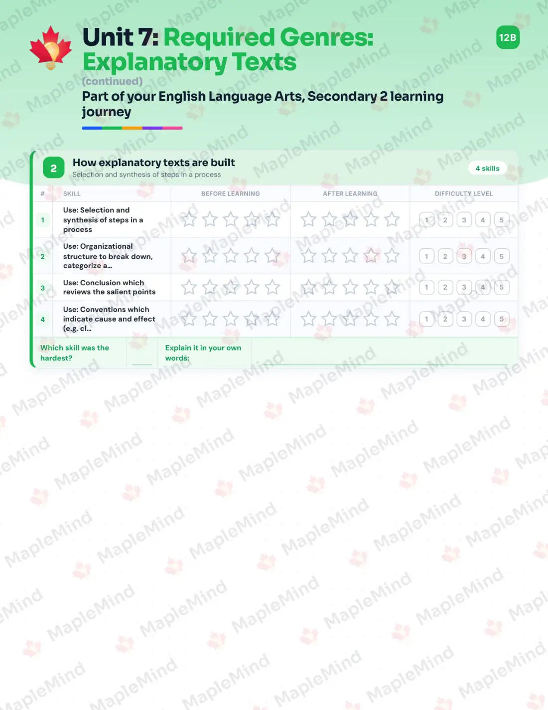 Page 32 of 59 from the English Language Arts, Secondary 2 Quebec Course Companion — skills tracker with before and after self-assessment
