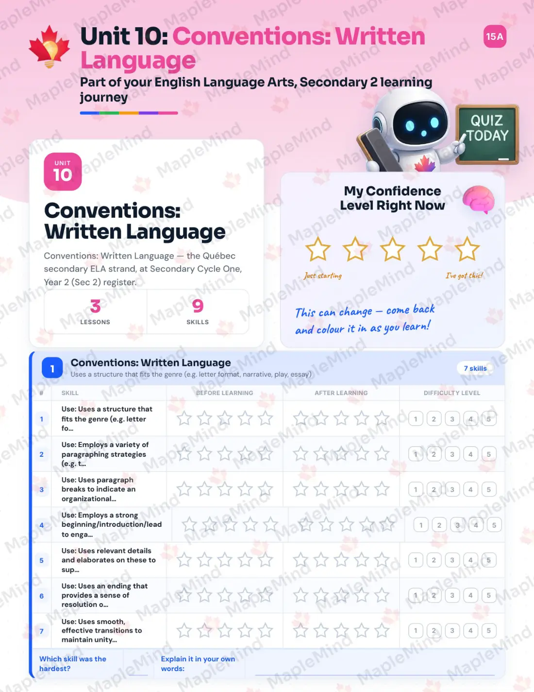 Page 42 of 59 from the English Language Arts, Secondary 2 Quebec Course Companion — skills tracker with before and after self-assessment