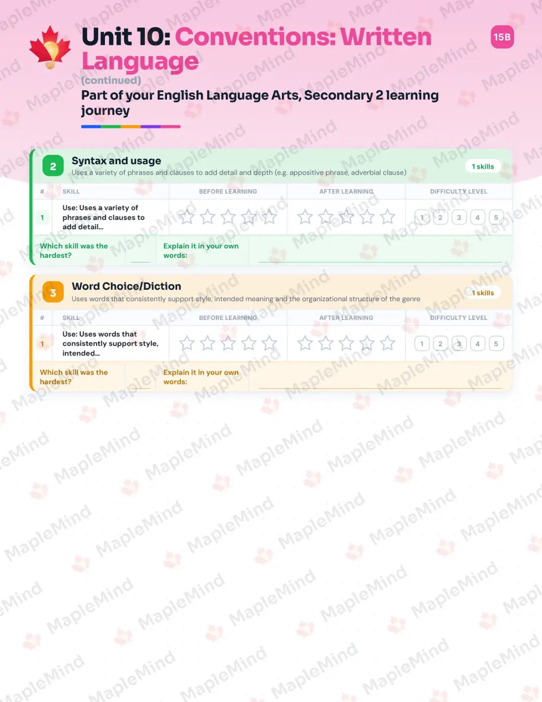 Page 43 of 59 from the English Language Arts, Secondary 2 Quebec Course Companion — skills tracker with before and after self-assessment