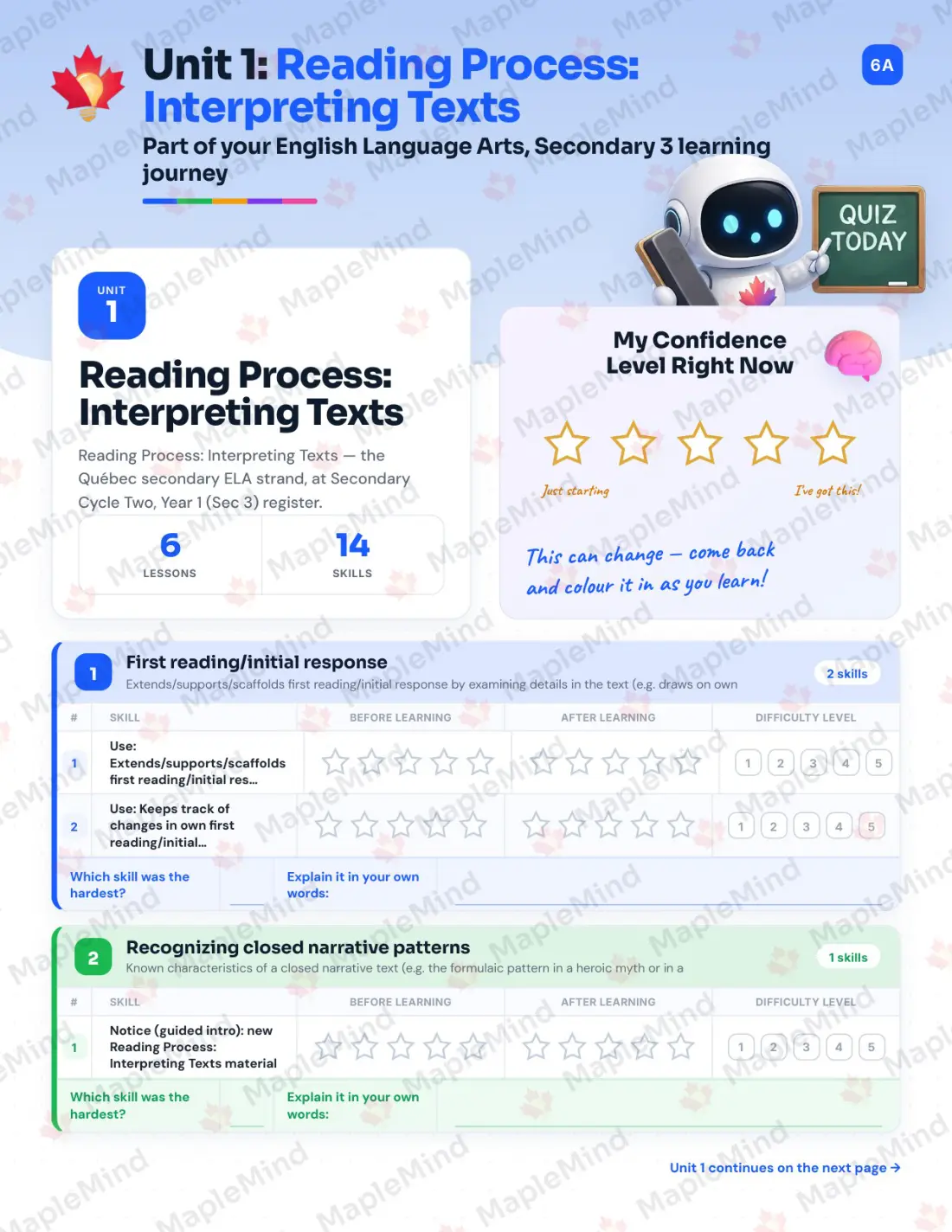 Page 8 of 68 from the English Language Arts, Secondary 3 Quebec Course Companion — skills tracker with before and after self-assessment