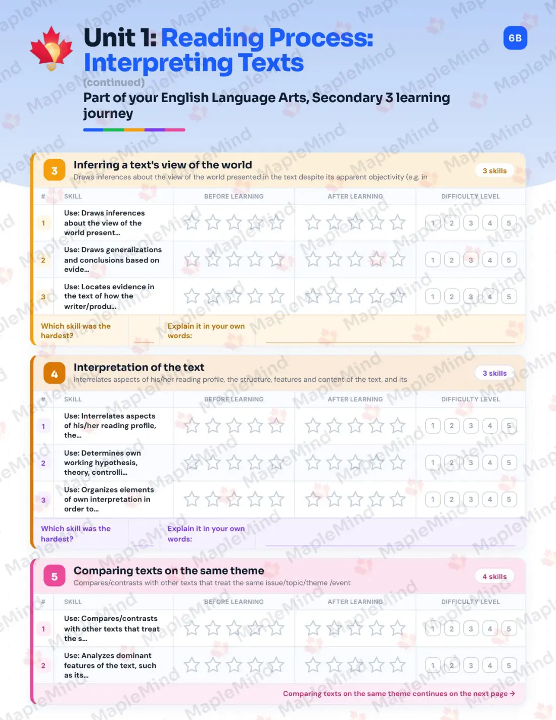 Page 9 of 68 from the English Language Arts, Secondary 3 Quebec Course Companion — skills tracker with before and after self-assessment