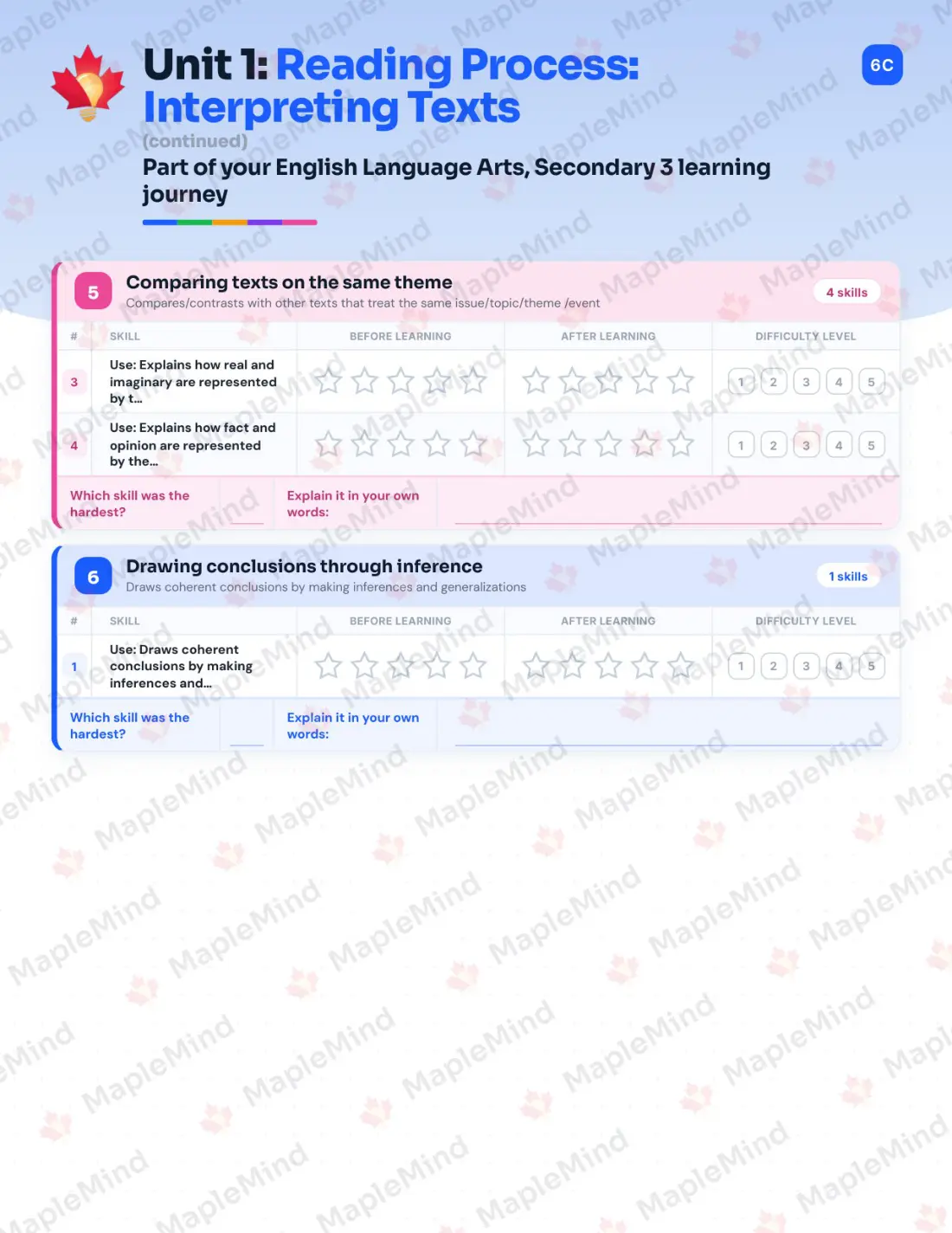 Page 10 of 68 from the English Language Arts, Secondary 3 Quebec Course Companion — skills tracker with before and after self-assessment