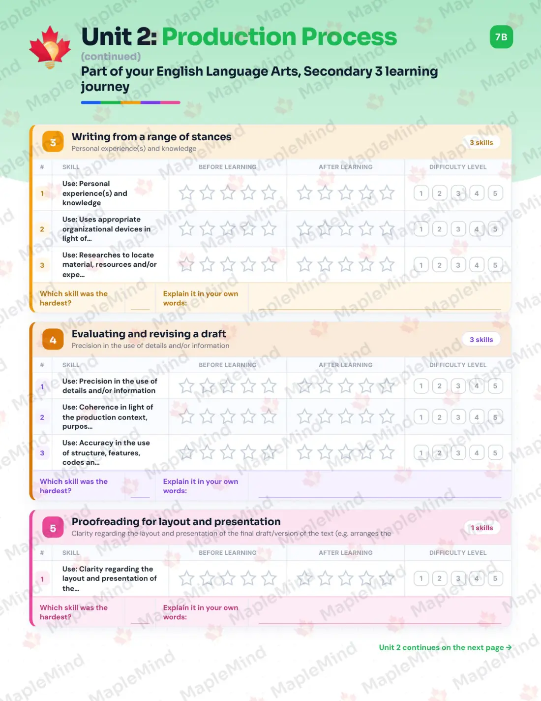 Page 14 of 68 from the English Language Arts, Secondary 3 Quebec Course Companion — skills tracker with before and after self-assessment