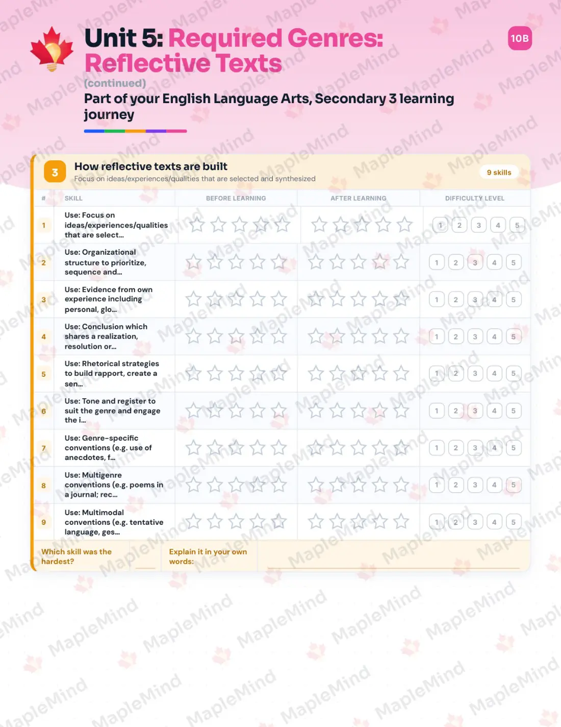 Page 26 of 68 from the English Language Arts, Secondary 3 Quebec Course Companion — skills tracker with before and after self-assessment